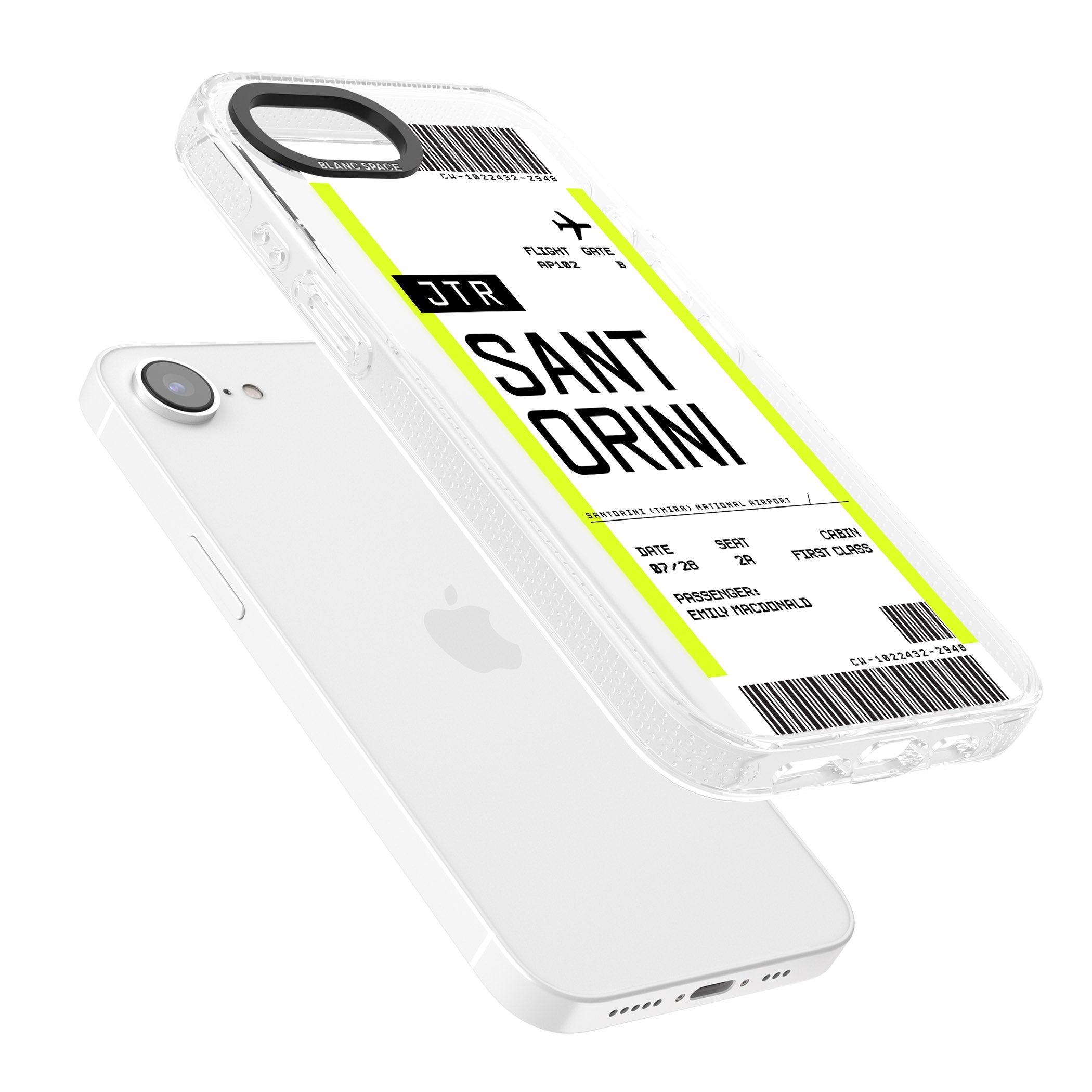 Personalised Santorini Boarding Pass iPhone 16e Clear Case Impact Air - Blanc Space