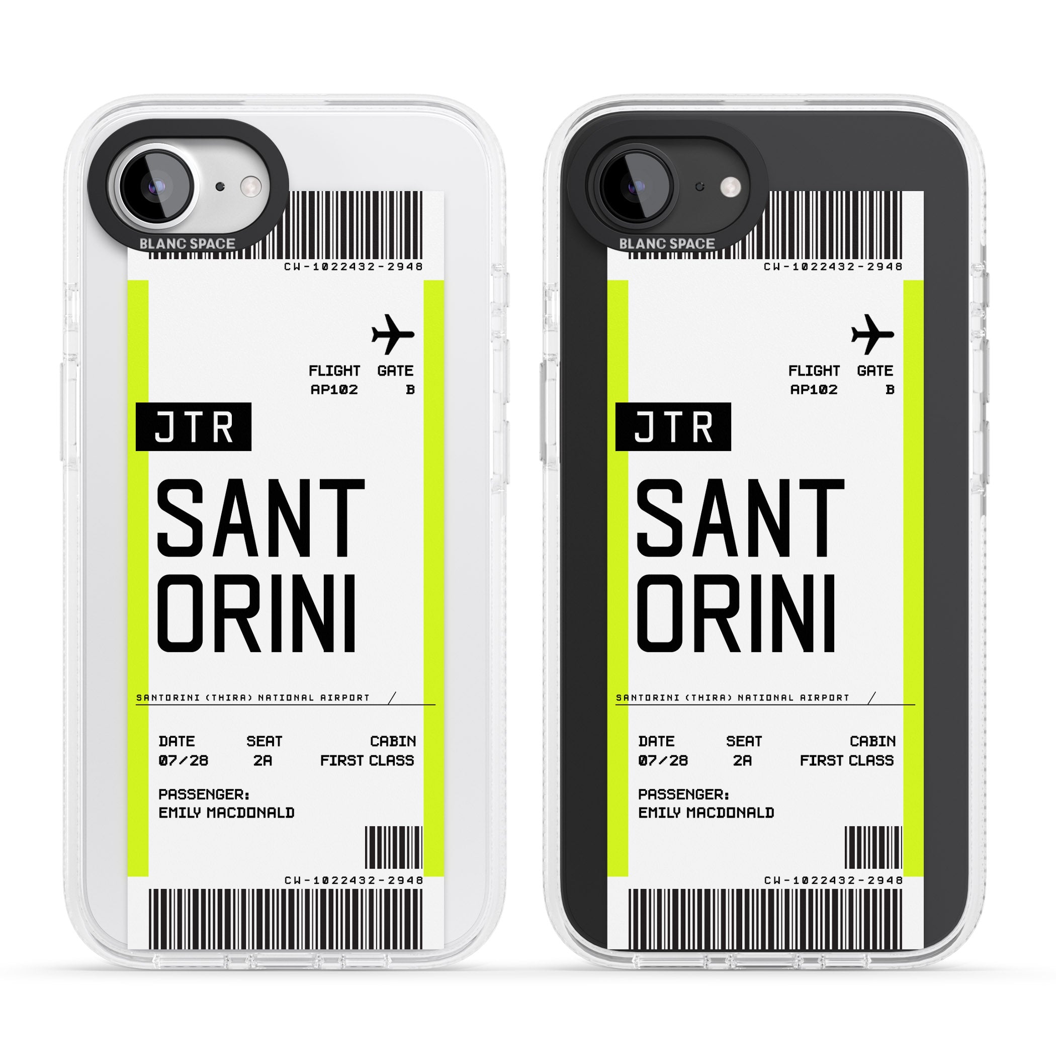 Personalised Santorini Boarding Pass iPhone 16e Clear Case Impact Air - Blanc Space