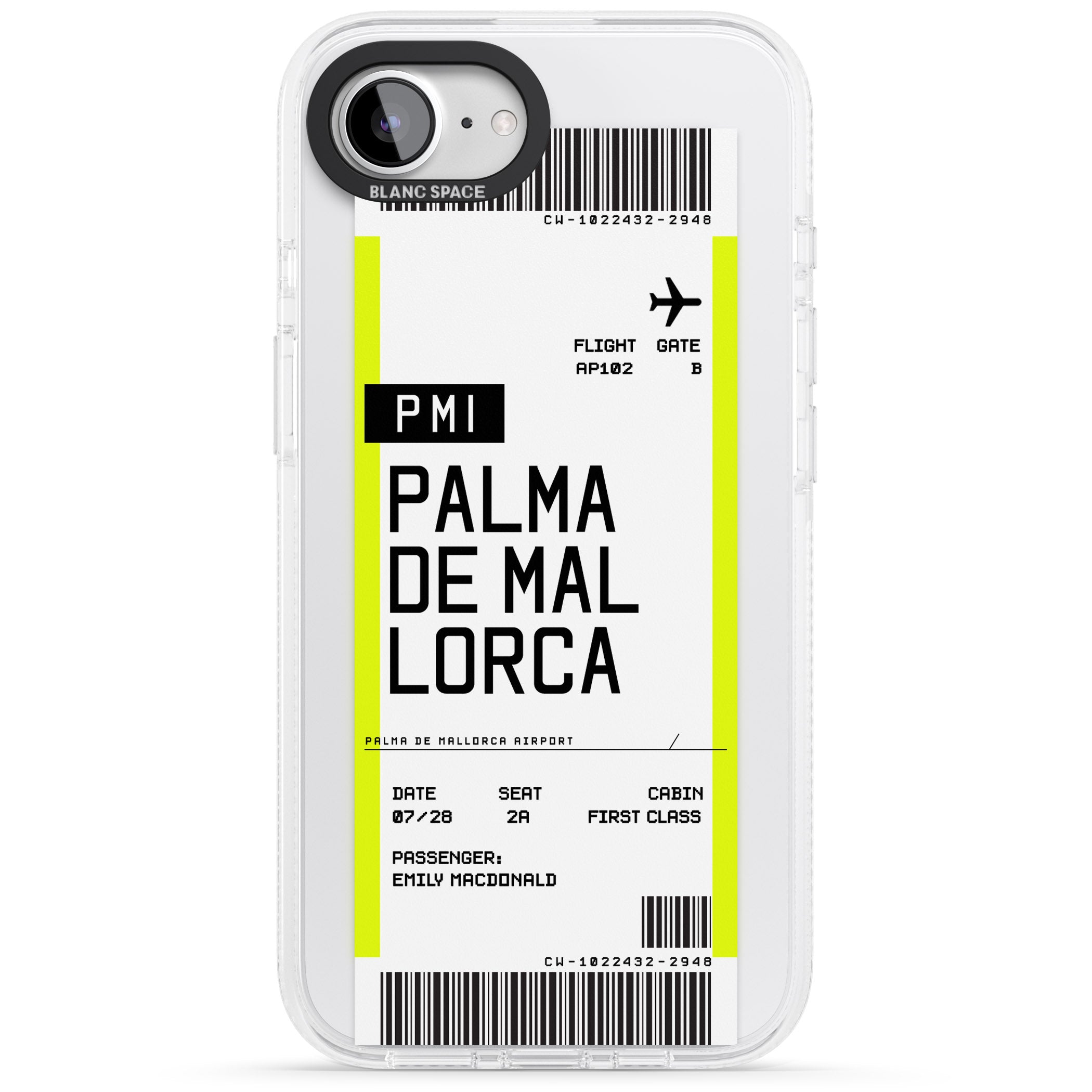 Personalised Palma De Mallorca Boarding Pass iPhone 16e Clear Case Impact Air - Blanc Space
