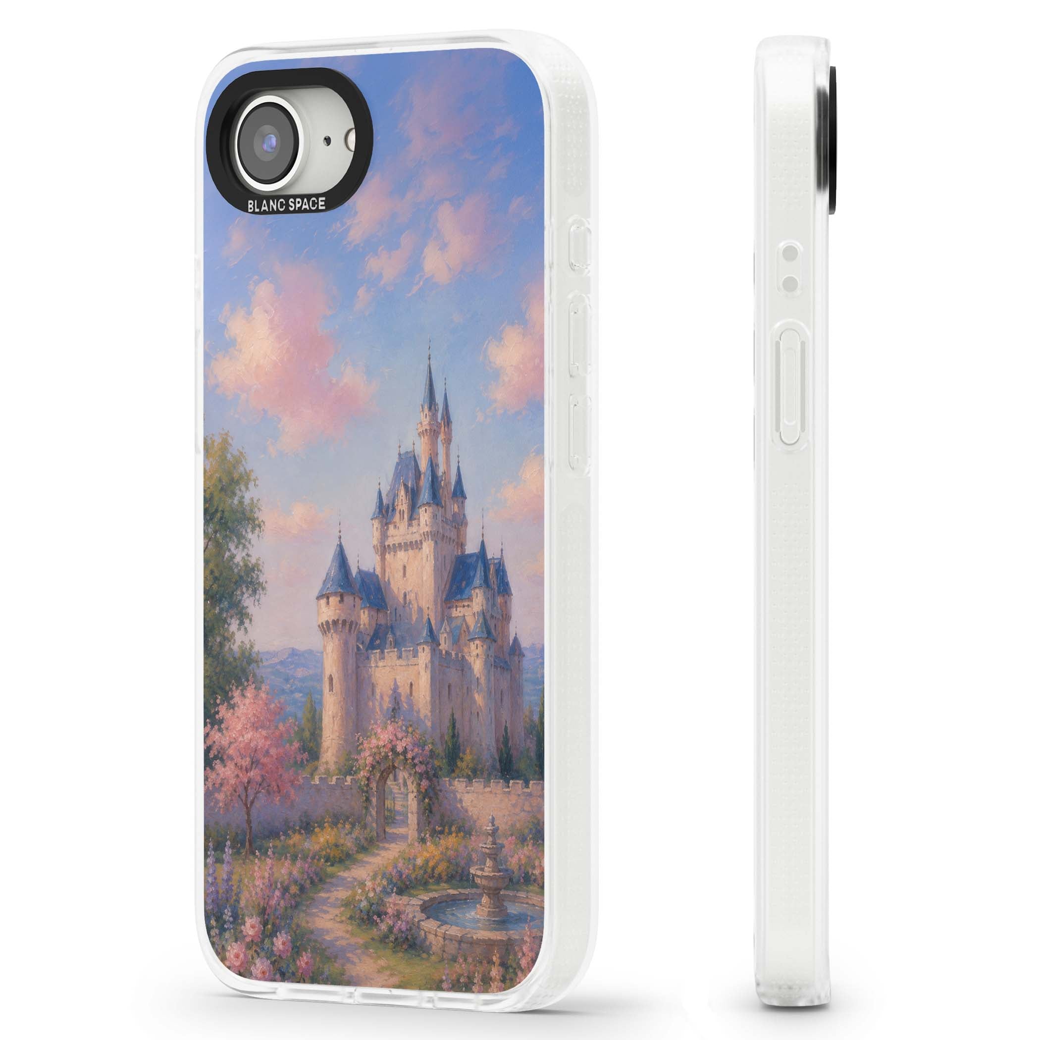 Enchanted Kingdom fairytale iPhone case featuring a romantic castle painting with cherry blossoms and pastel pink sky | Clear Case Impact Air case for iPhone 16e, iPhone 17e