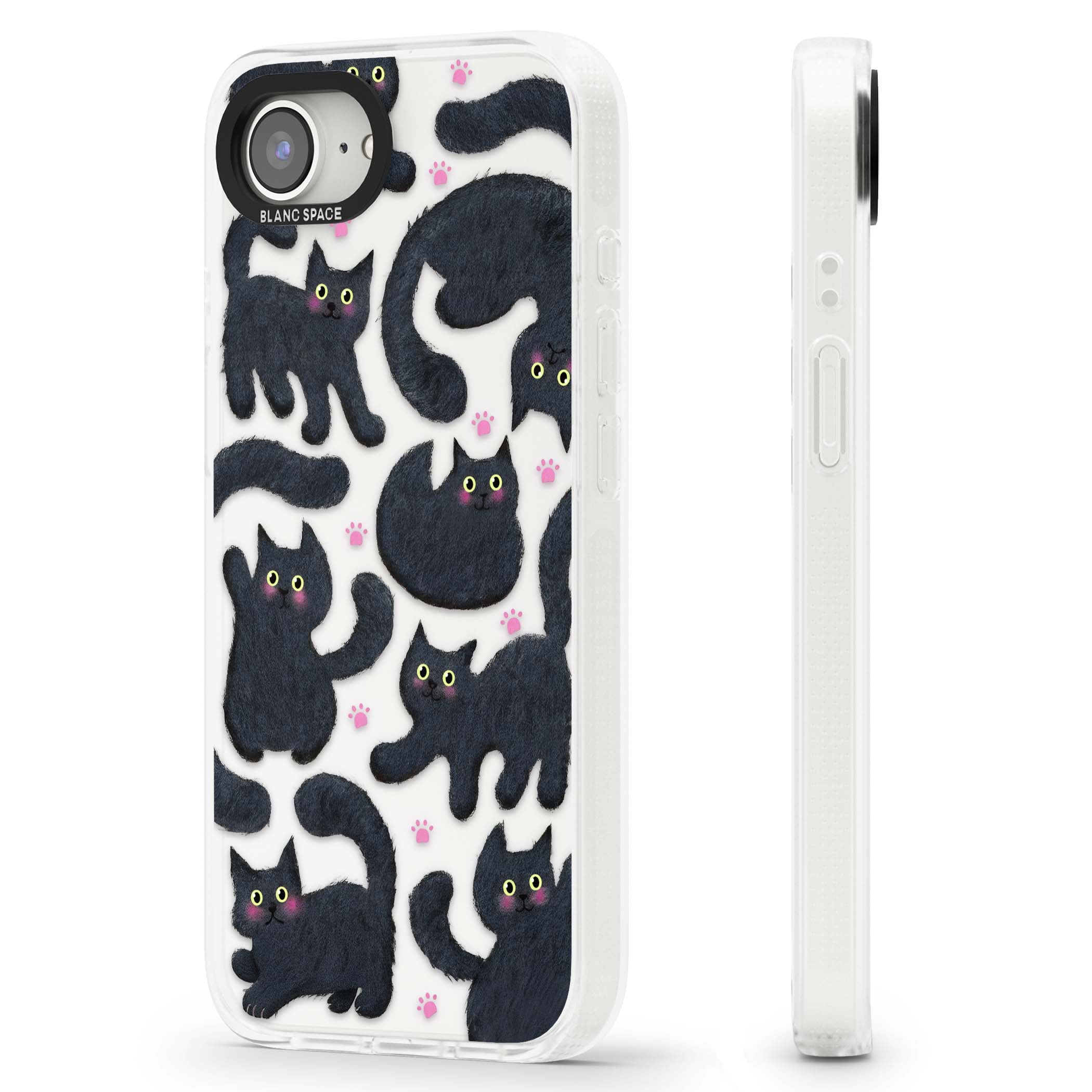 Midnight Cats cute iPhone case featuring black cat pattern with yellow eyes and pink paw prints | Clear Case Impact Air case for iPhone 16e, iPhone 17e
