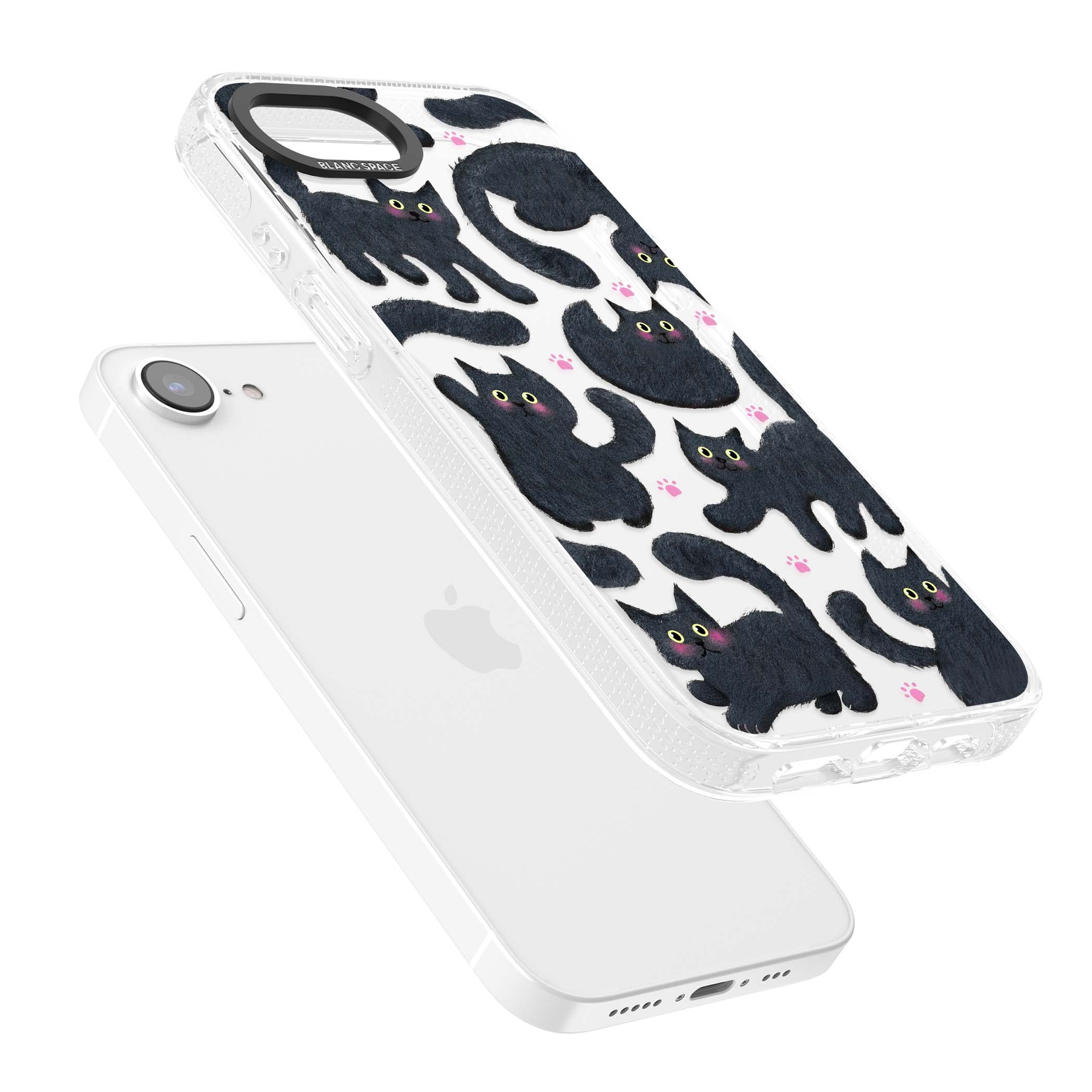 Midnight Cats cute iPhone case featuring black cat pattern with yellow eyes and pink paw prints | Clear Case Impact Air case for iPhone 16e, iPhone 17e