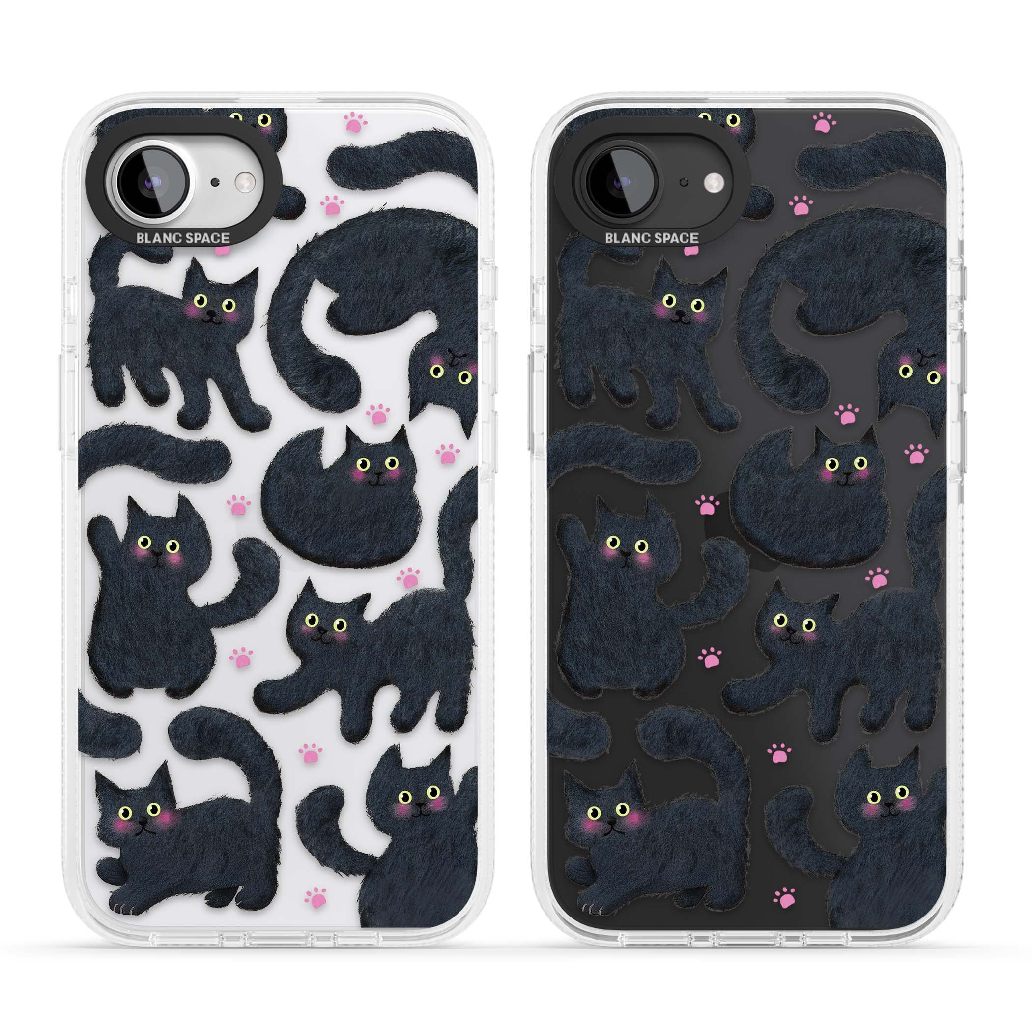 Midnight Cats cute iPhone case featuring black cat pattern with yellow eyes and pink paw prints | Clear Case Impact Air case for iPhone 16e, iPhone 17e