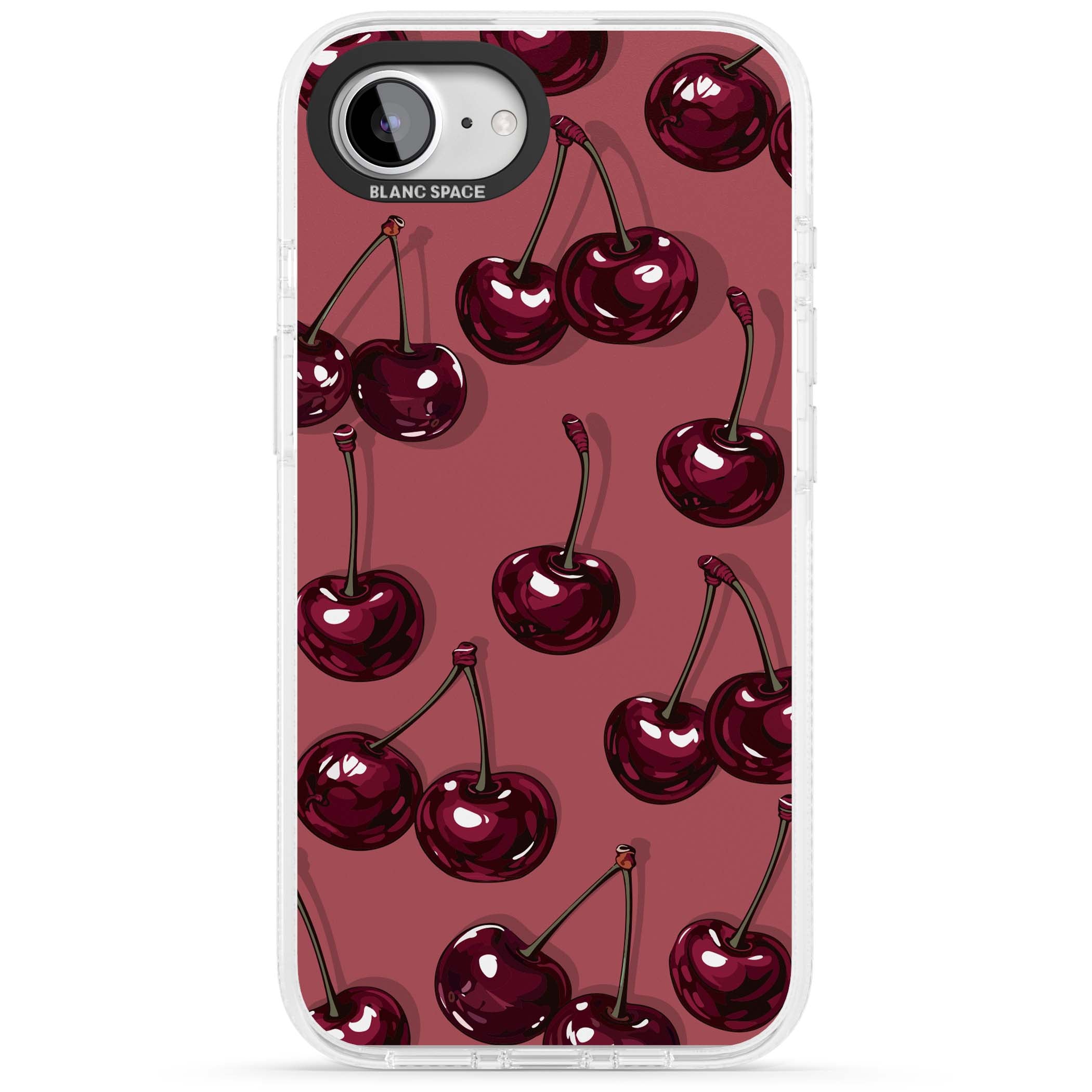 Cherry Rebel coquette iPhone case featuring glossy burgundy cherries on a dusty rose background | Clear Case Impact Air case for iPhone 16e, iPhone 17e