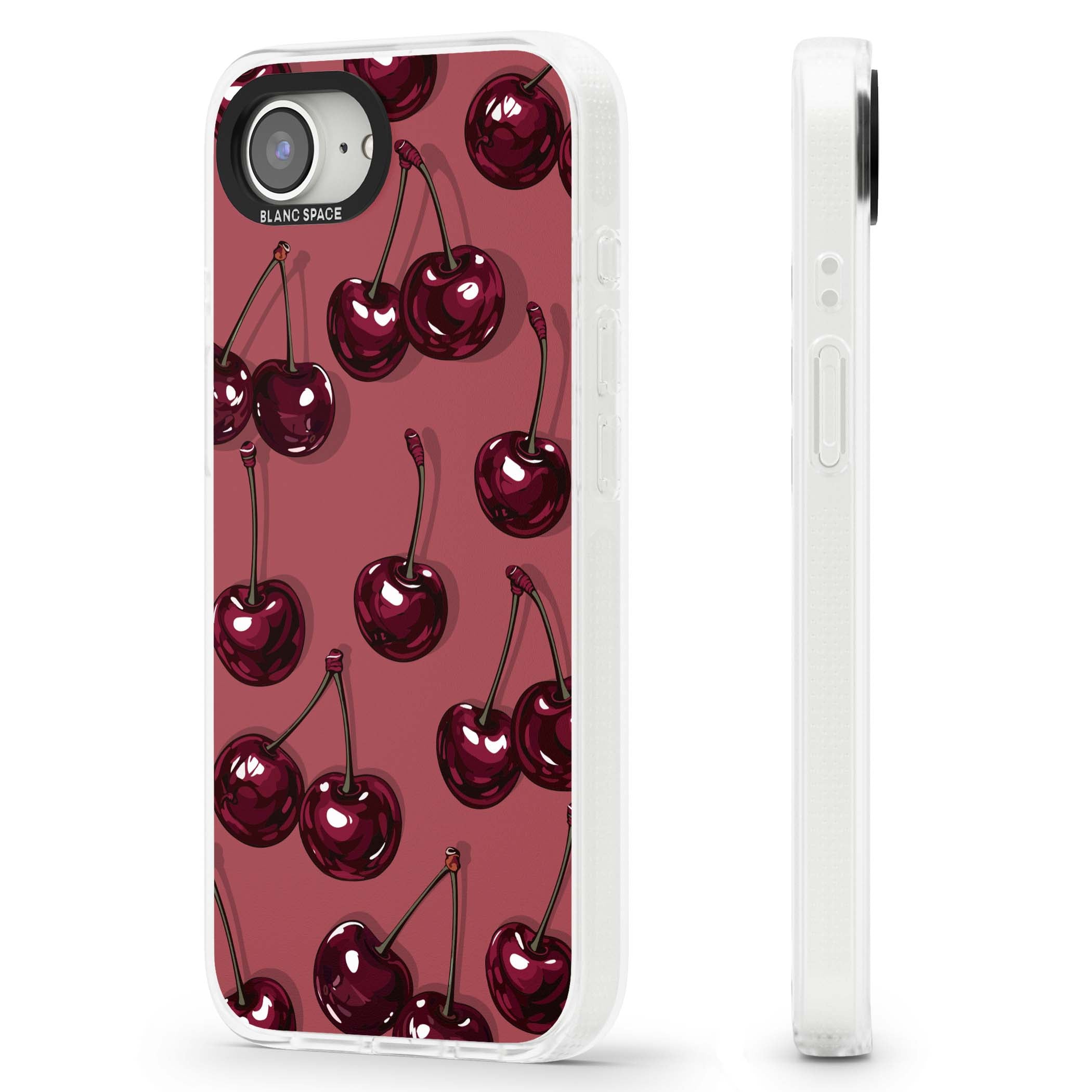 Cherry Rebel coquette iPhone case featuring glossy burgundy cherries on a dusty rose background | Clear Case Impact Air case for iPhone 16e, iPhone 17e