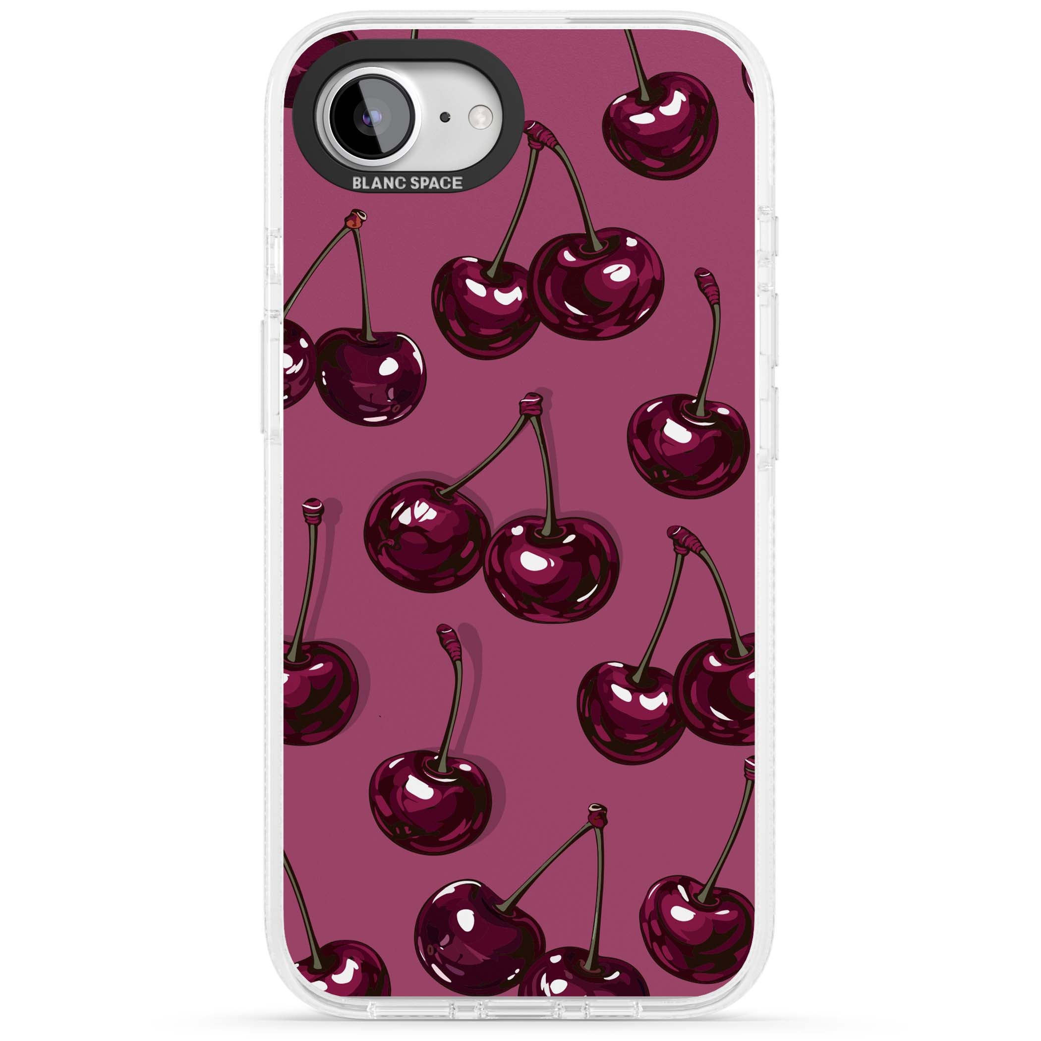 Cherry Soda coquette iPhone case featuring glossy burgundy cherries on a dusty pink background | Clear Case Impact Air case for iPhone 16e, iPhone 17e