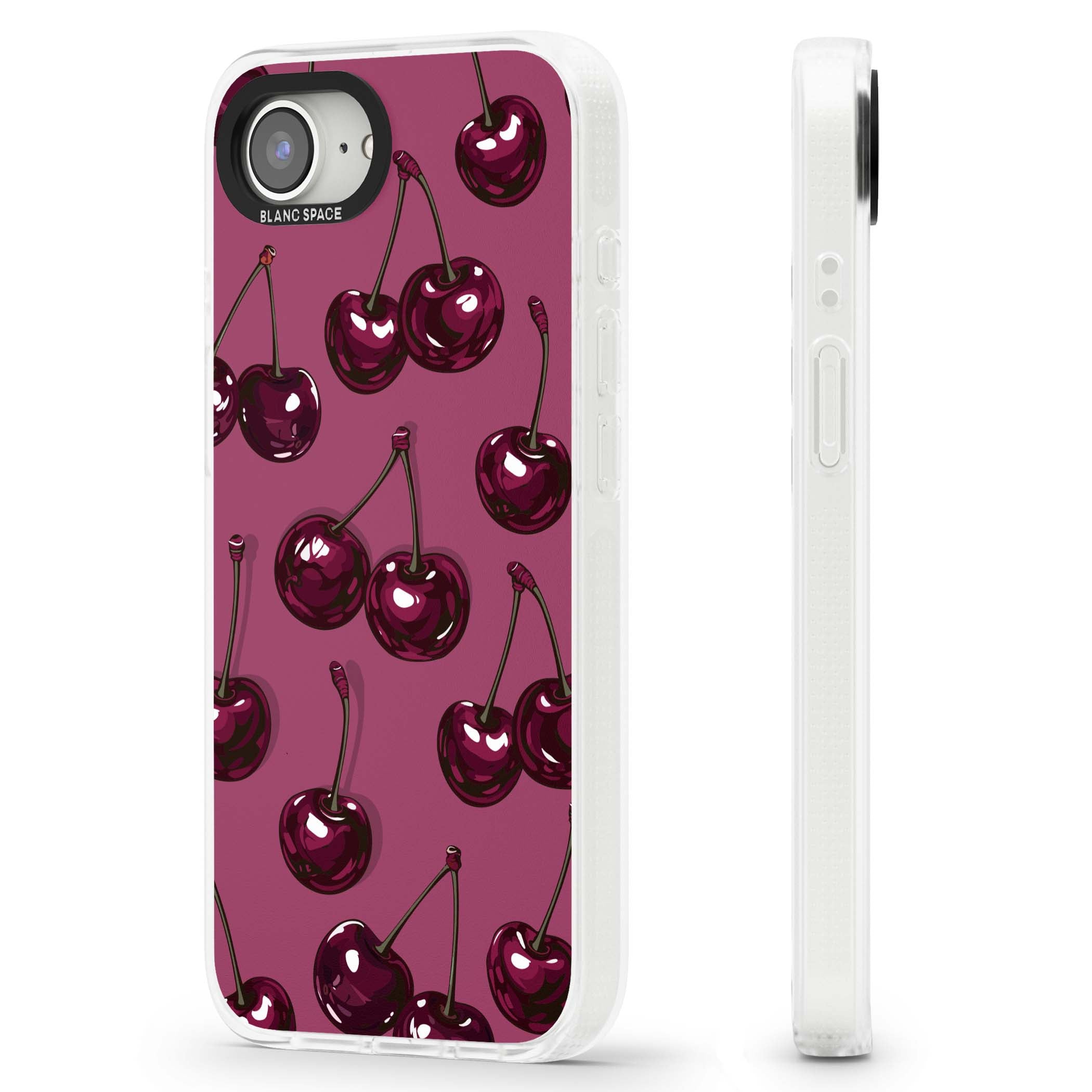 Cherry Soda coquette iPhone case featuring glossy burgundy cherries on a dusty pink background | Clear Case Impact Air case for iPhone 16e, iPhone 17e