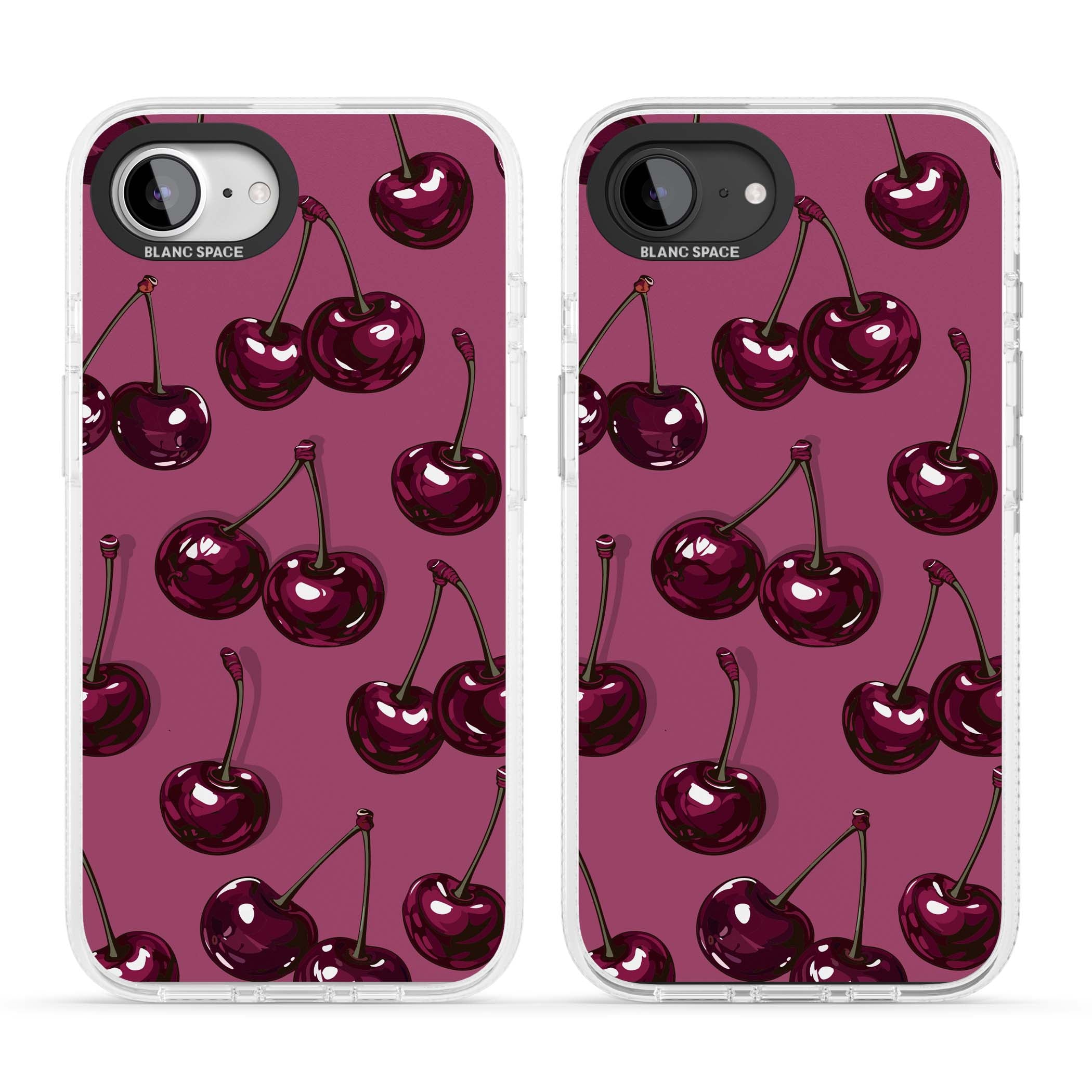 Cherry Soda coquette iPhone case featuring glossy burgundy cherries on a dusty pink background | Clear Case Impact Air case for iPhone 16e, iPhone 17e