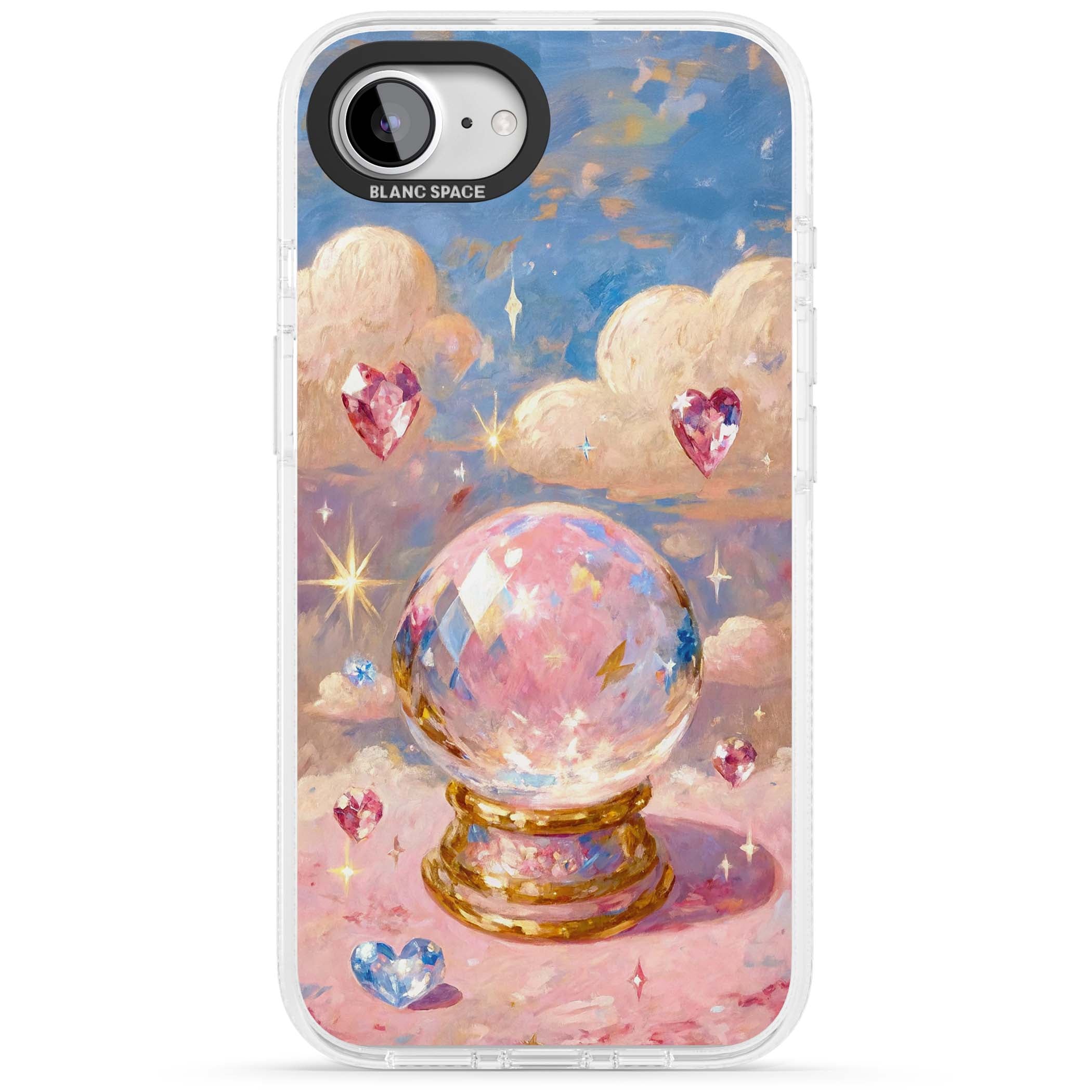 Crystal Ball fairycore iPhone case featuring a painted crystal ball, heart gemstones, and pastel clouds | Clear Case Impact Air case for iPhone 16e, iPhone 17e