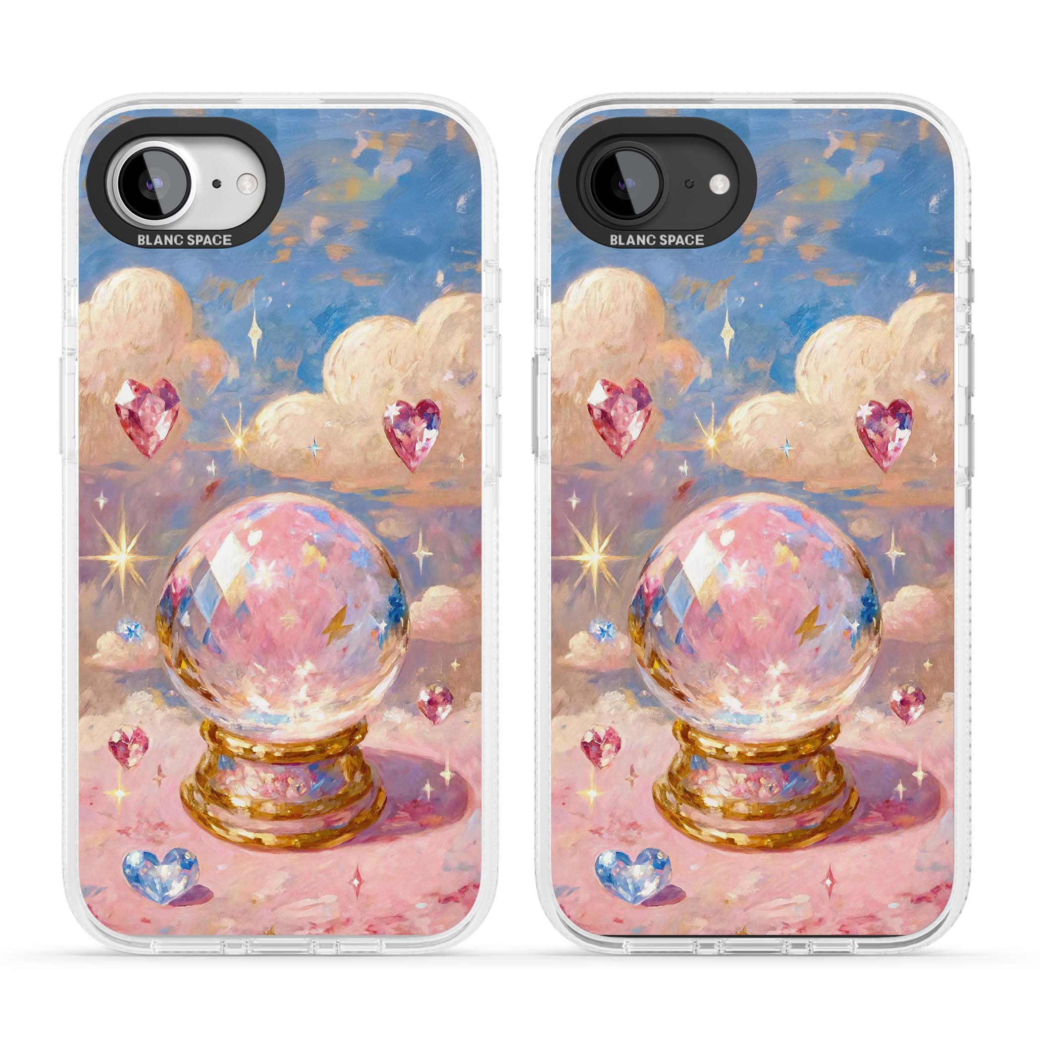 Crystal Ball fairycore iPhone case featuring a painted crystal ball, heart gemstones, and pastel clouds | Clear Case Impact Air case for iPhone 16e, iPhone 17e