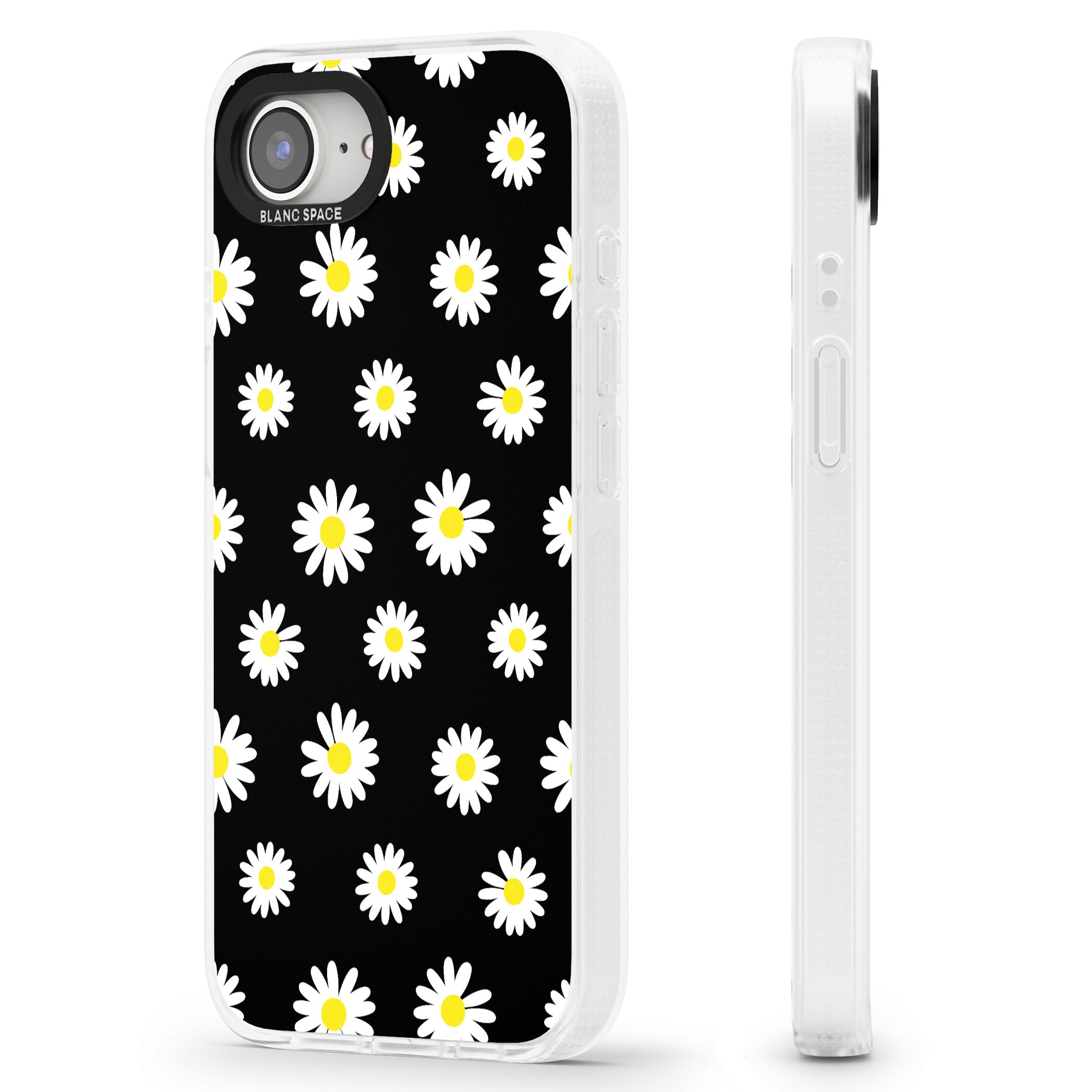 White Daisy Pattern (Black) iPhone 16e Clear Case Impact Air - Blanc Space