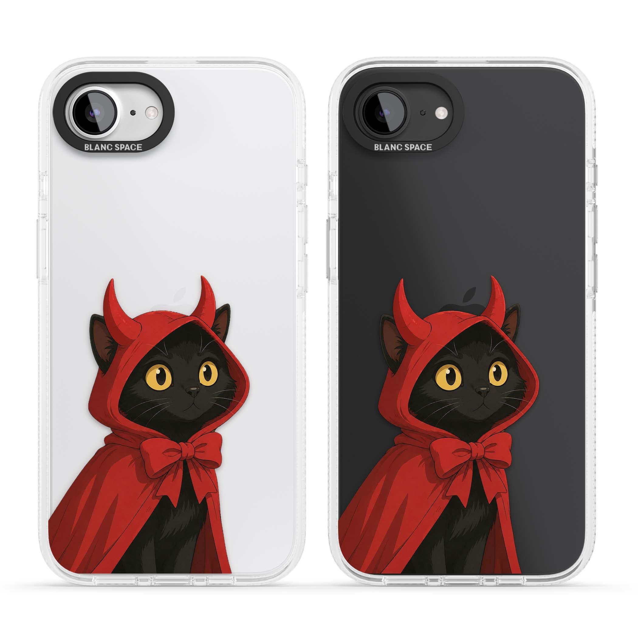 Little Devil halloween iPhone case featuring a black cat in a red hooded devil cloak with horns and golden eyes | Clear Case Impact Air case for iPhone 16e, iPhone 17e