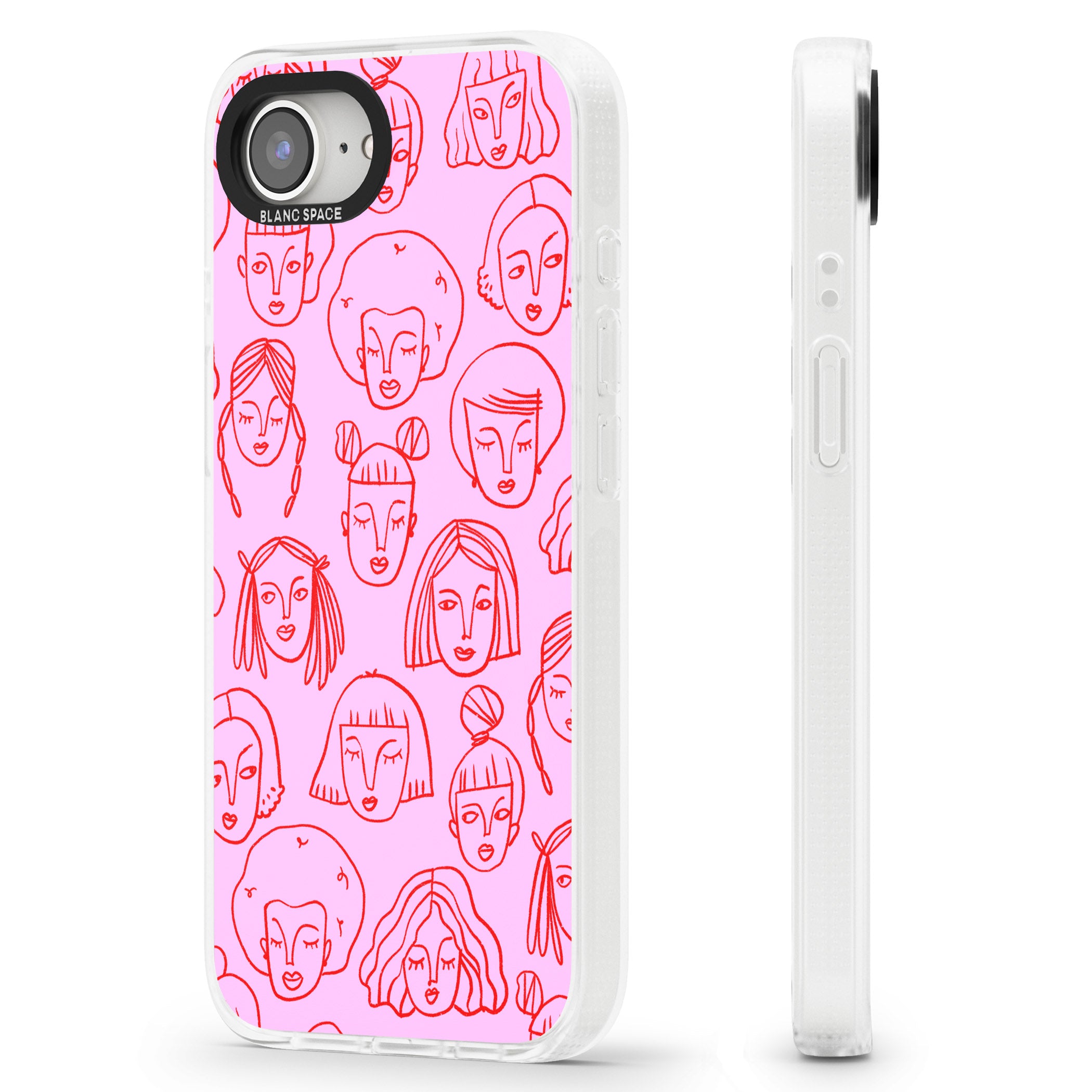 Girl Portrait Doodles in Pink & Red iPhone 16e Clear Case Impact Air - Blanc Space