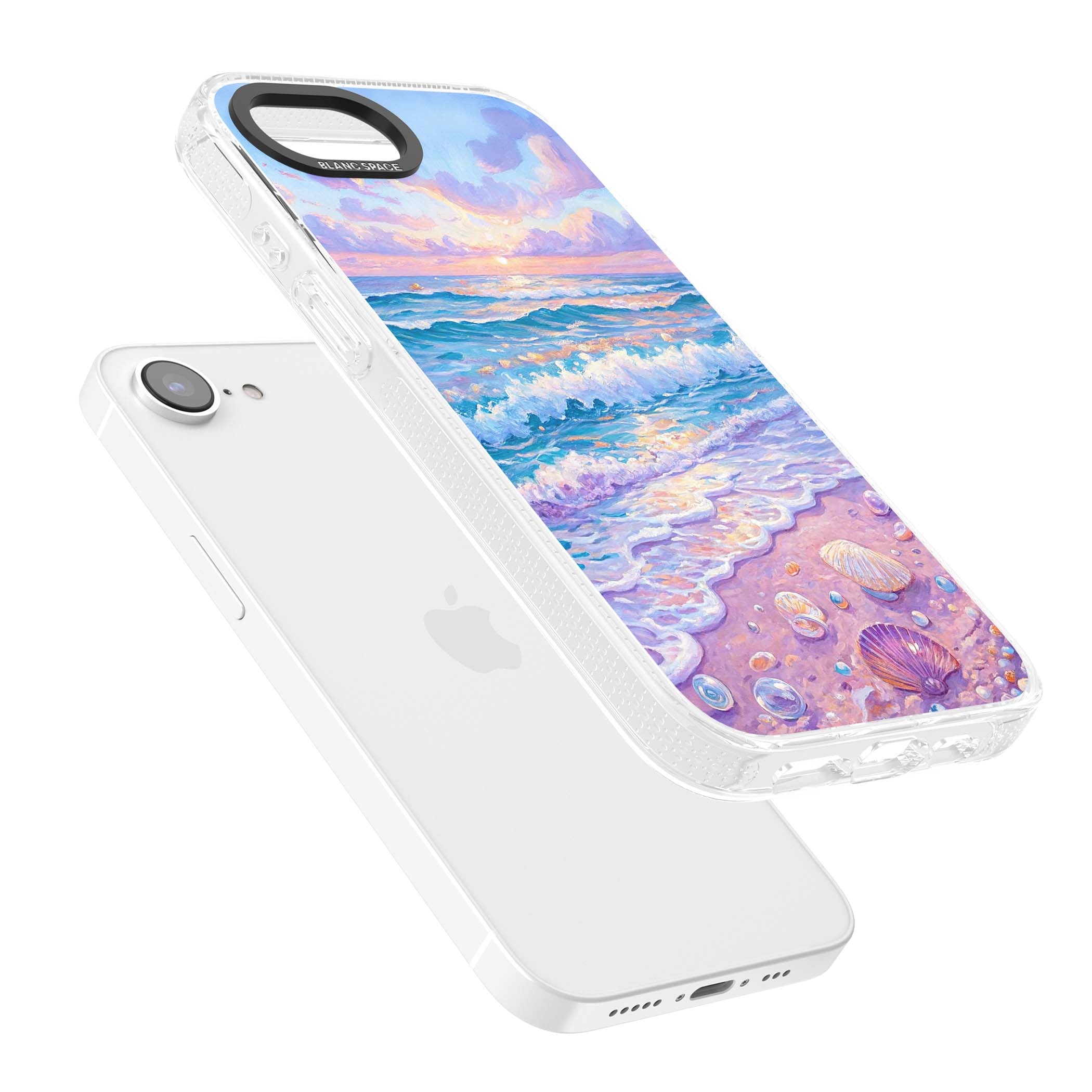 Pearl Shore coastal iPhone case featuring pastel painted waves, seashells, and a sunrise sky over a lavender beach. | Clear Case Impact Air case for iPhone 16e, iPhone 17e