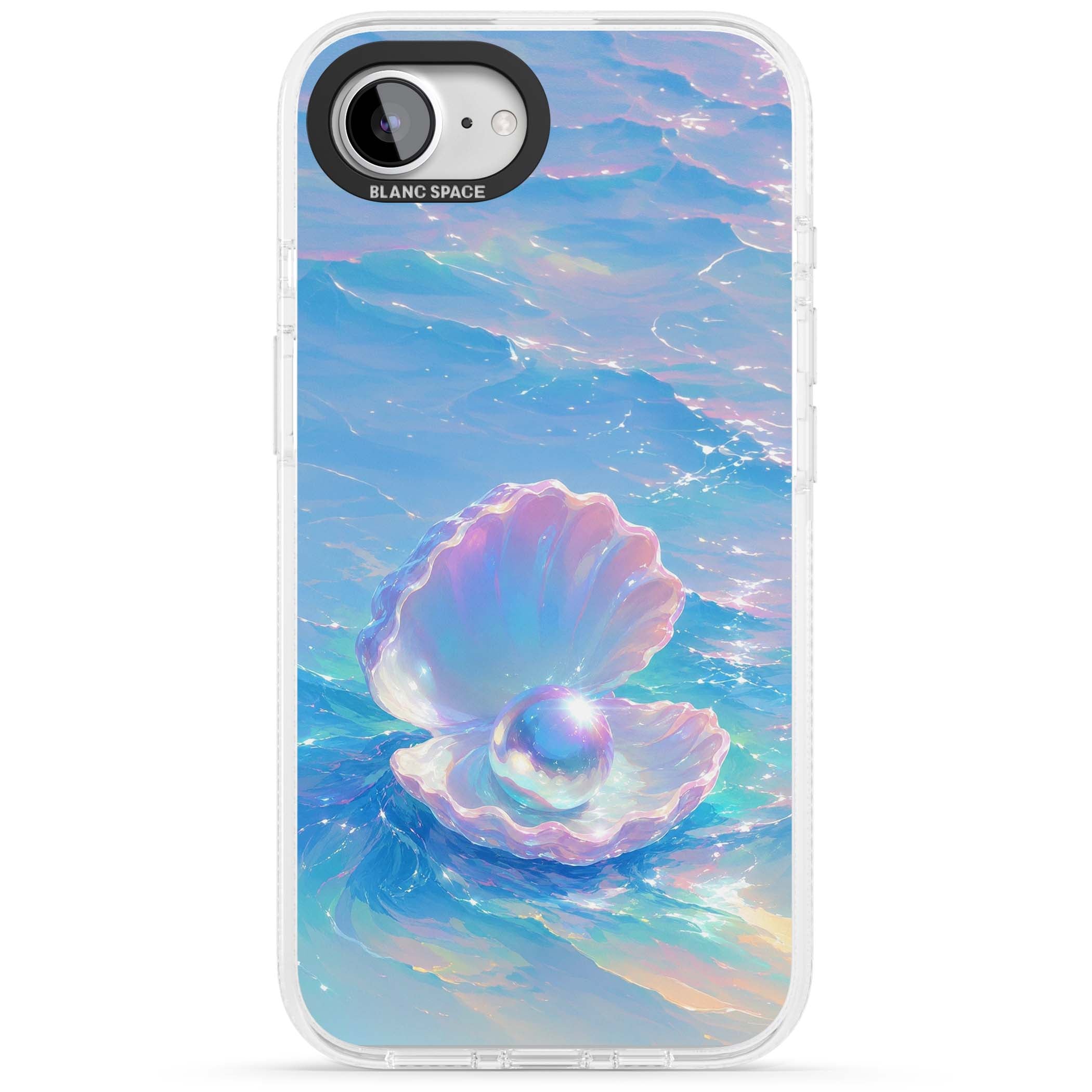 The Pearl Clam mermaidcore iPhone case featuring iridescent seashell, glowing pearl and pastel ocean waves | Clear Case Impact Air case for iPhone 16e, iPhone 17e