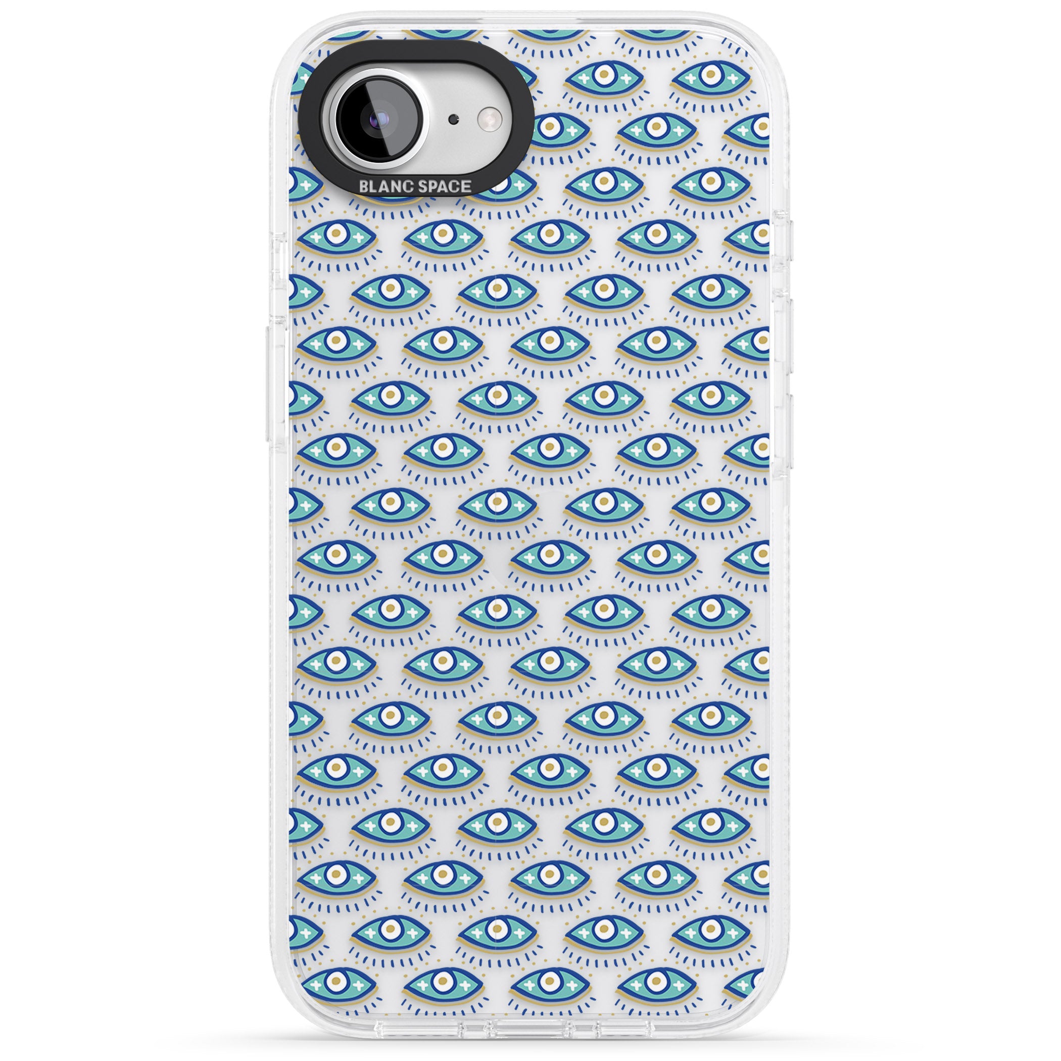 Eyes & Crosses (Clear) Psychedelic Eyes Pattern iPhone 16e Clear Case Impact Air - Blanc Space