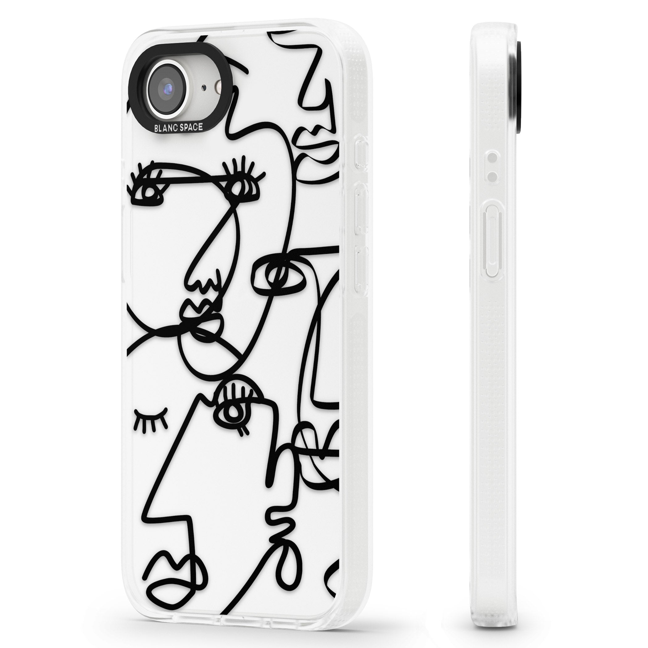 Abstract Continuous Line Faces Black on Clear iPhone 16e Clear Case Impact Air - Blanc Space