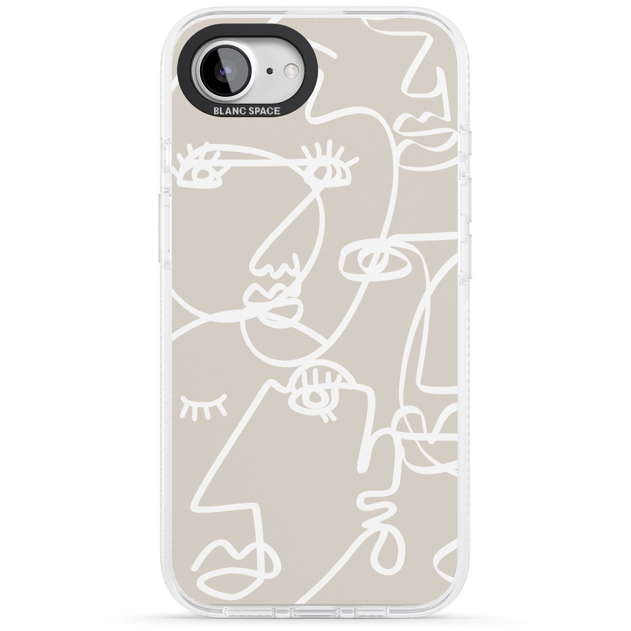 Abstract Continuous Line Faces White on Beige iPhone 16e Clear Case Impact Air - Blanc Space