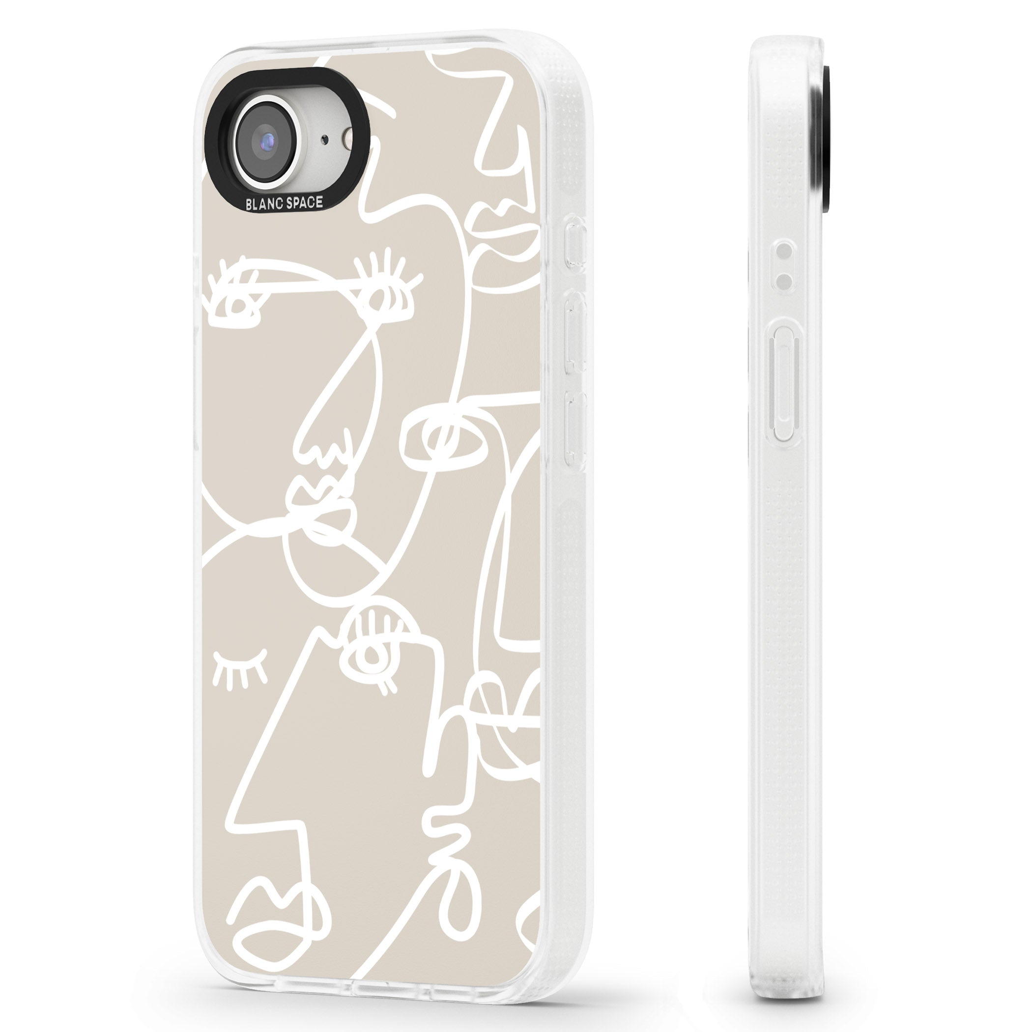 Abstract Continuous Line Faces White on Beige iPhone 16e Clear Case Impact Air - Blanc Space