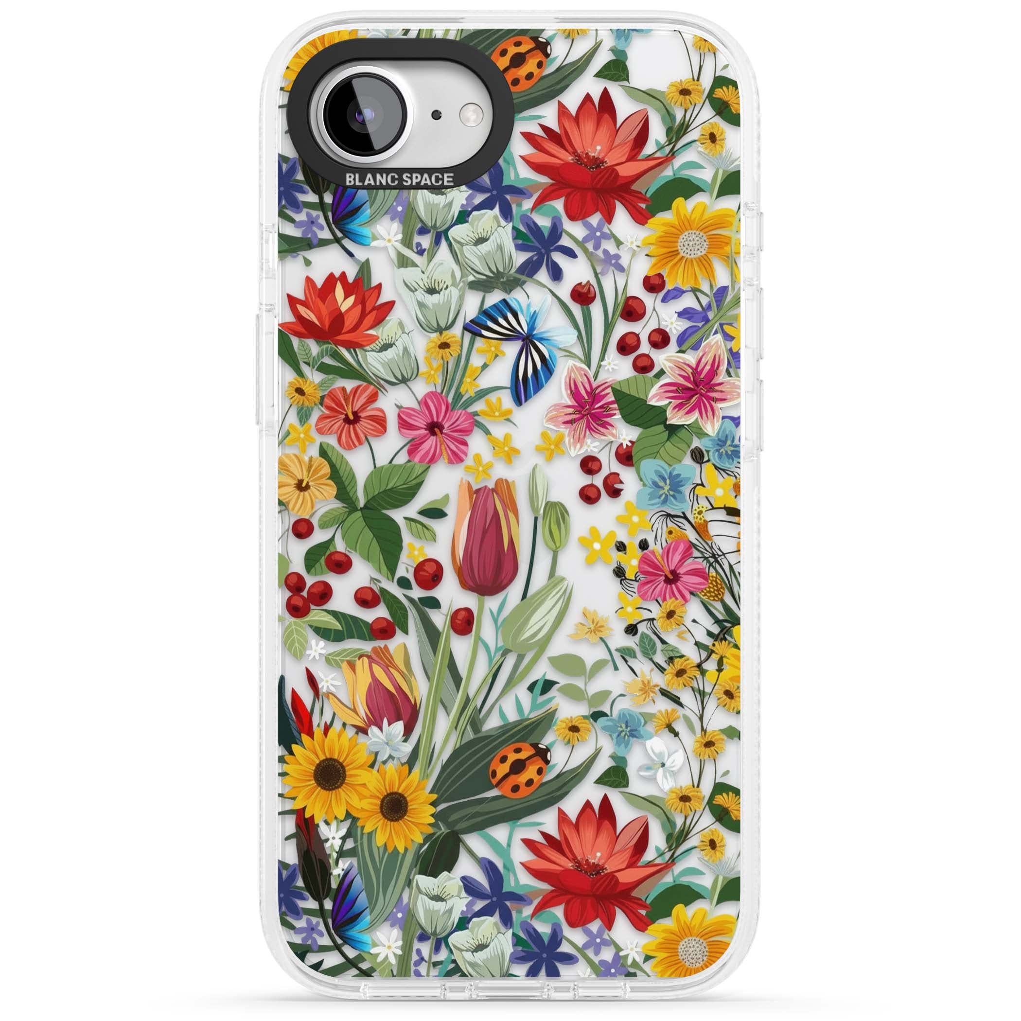 Botanical Bloom cottagecore iPhone case featuring colorful wildflowers, sunflowers, and ladybugs on clear background | Clear Case Impact Air case for iPhone 16e, iPhone 17e