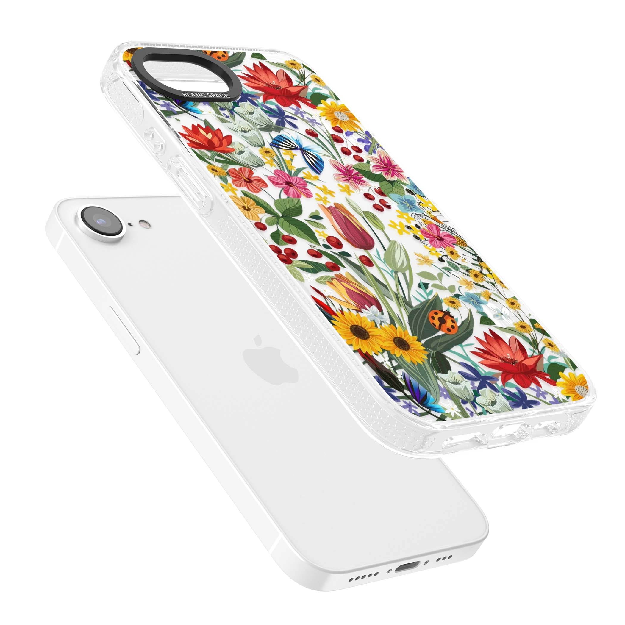 Botanical Bloom cottagecore iPhone case featuring colorful wildflowers, sunflowers, and ladybugs on clear background | Clear Case Impact Air case for iPhone 16e, iPhone 17e