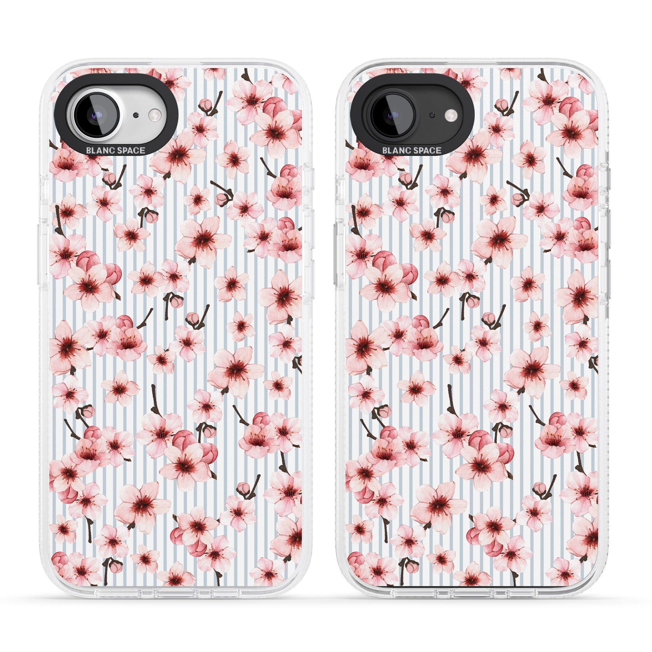 Cherry Blossoms on Blue Stripes Pattern iPhone 16e Clear Case Impact Air - Blanc Space