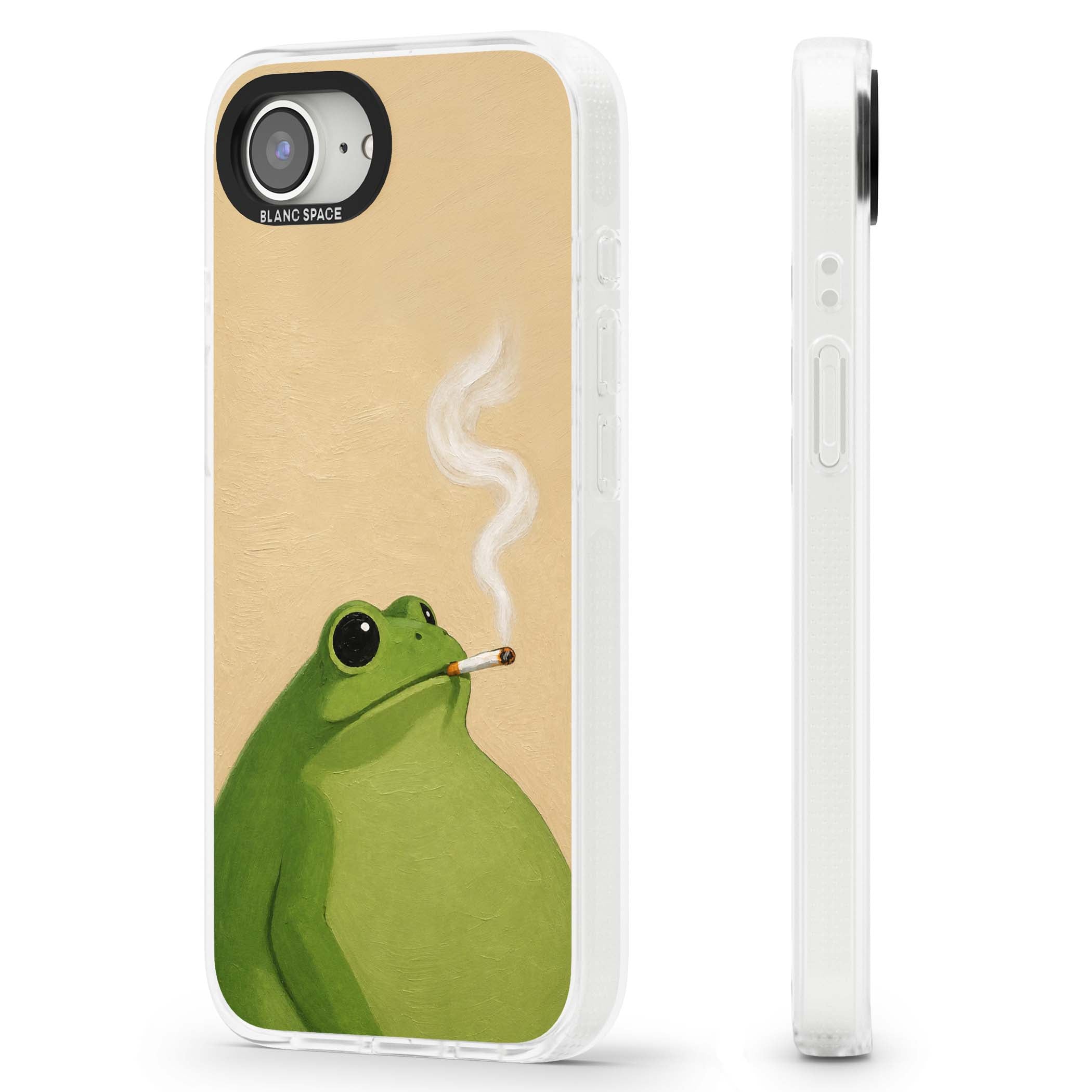 The Smoking Frog cottagecore iPhone case featuring a hand-painted green frog smoking a cigarette on a cream oil painting back | Clear Case Impact Air case for iPhone 16e, iPhone 17e