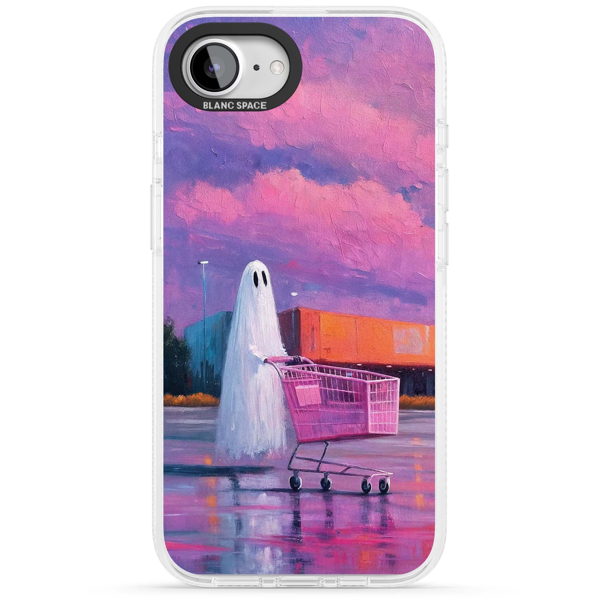 A Ghost's Errand ghost halloween iPhone case featuring a painted ghost, pink shopping trolley and purple sunset sky | Clear Case Impact Air case for iPhone 16e, iPhone 17e