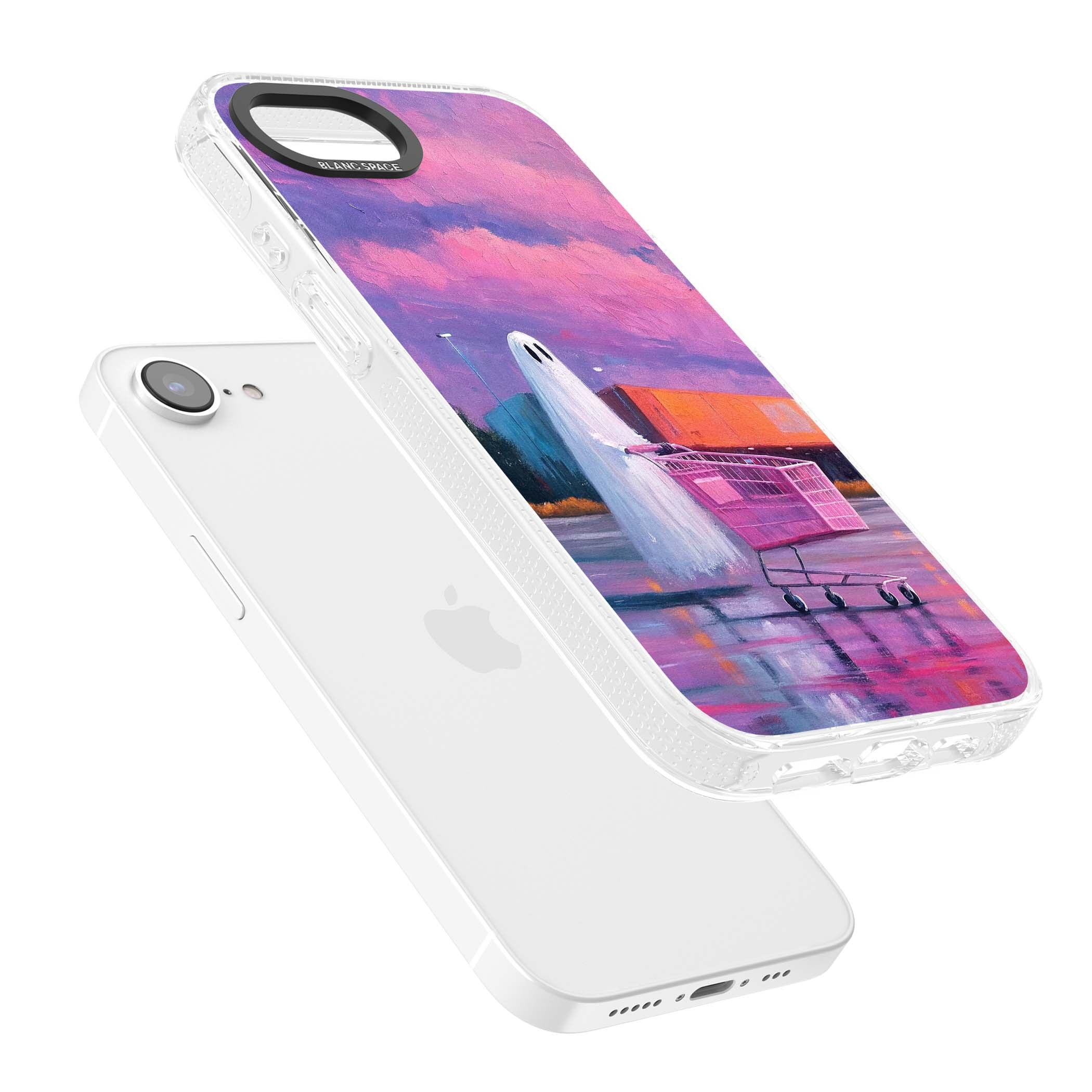 A Ghost's Errand ghost halloween iPhone case featuring a painted ghost, pink shopping trolley and purple sunset sky | Clear Case Impact Air case for iPhone 16e, iPhone 17e