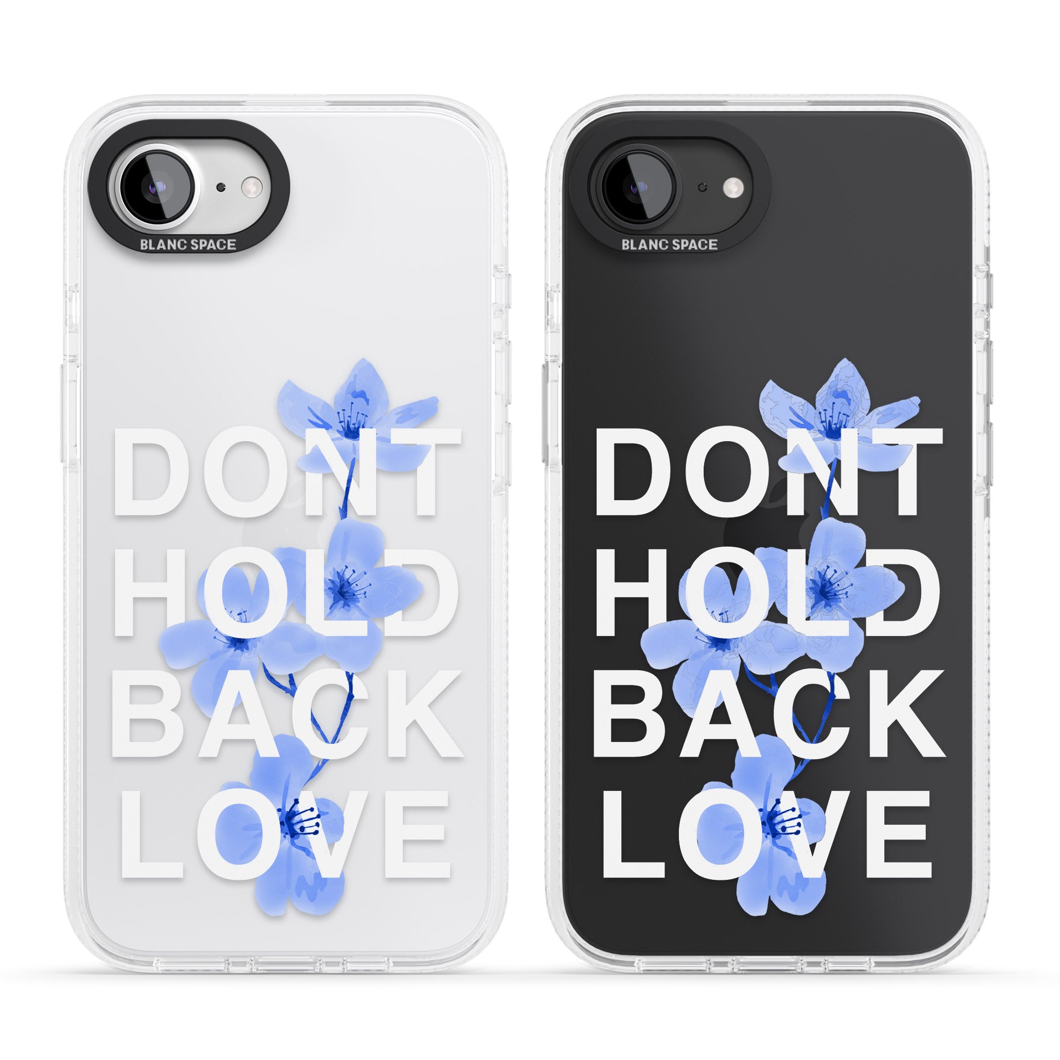 Don't Hold Back Love - Blue & White iPhone 16e Clear Case Impact Air - Blanc Space