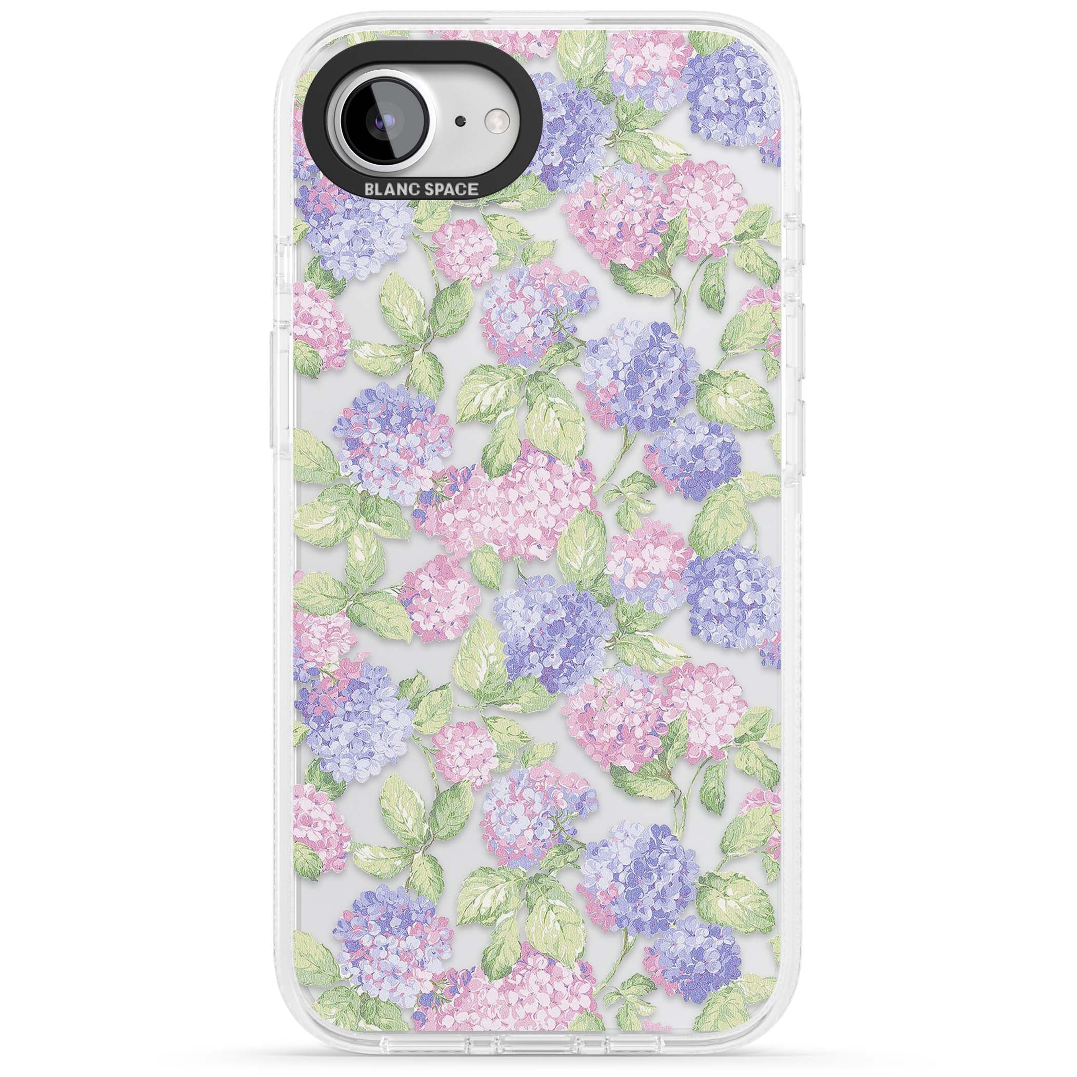 Cottage Hydrangea cottagecore iPhone case featuring pink and purple hydrangea blooms with green leaves on a clear background | Clear Case Impact Air case for iPhone 16e, iPhone 17e