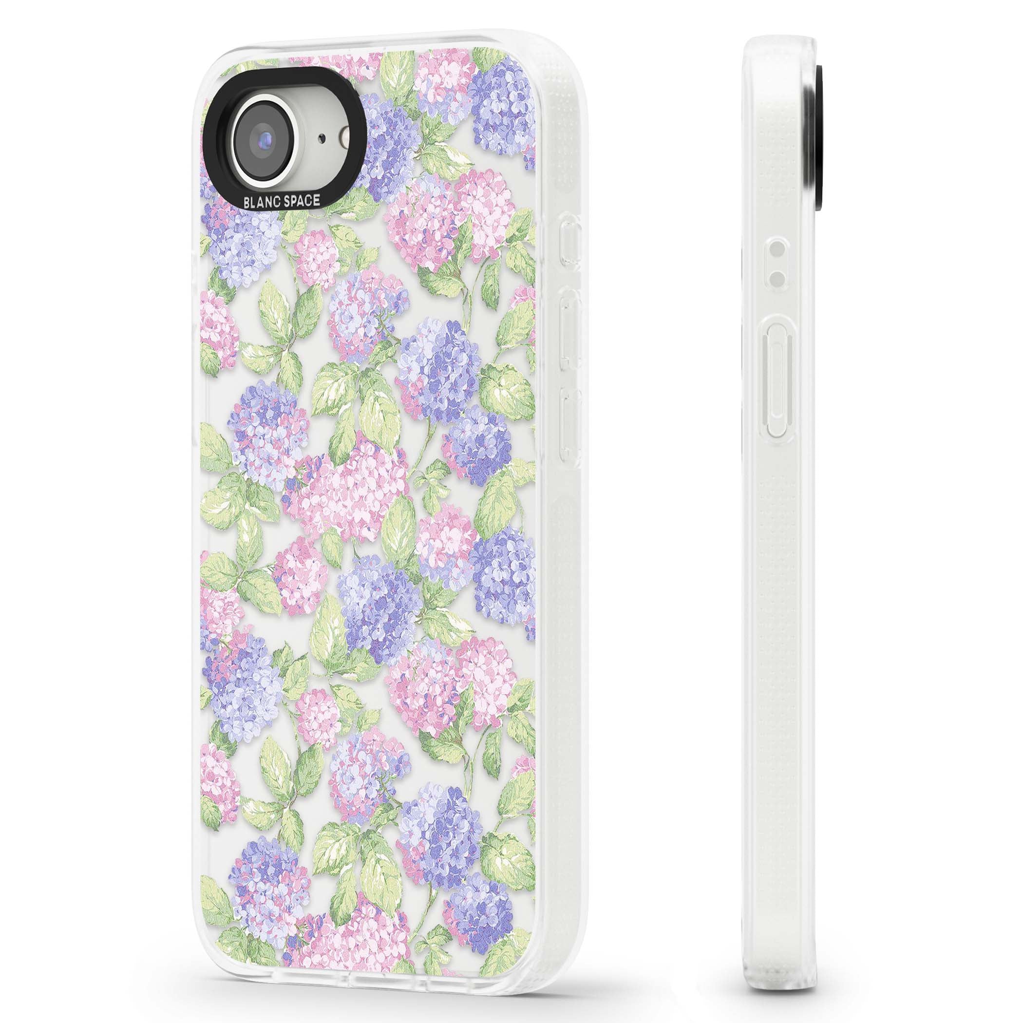 Cottage Hydrangea cottagecore iPhone case featuring pink and purple hydrangea blooms with green leaves on a clear background | Clear Case Impact Air case for iPhone 16e, iPhone 17e