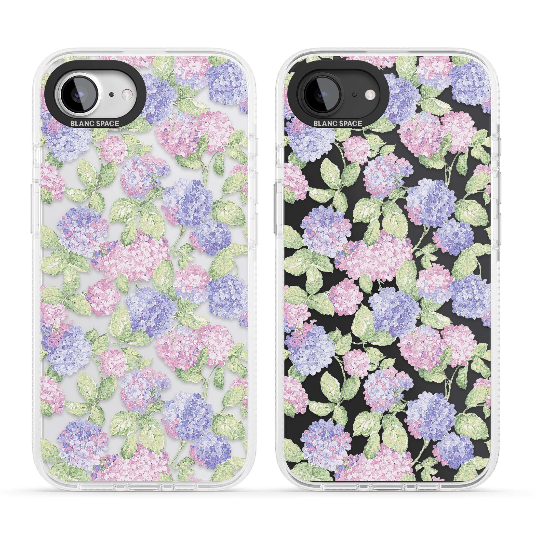 Cottage Hydrangea cottagecore iPhone case featuring pink and purple hydrangea blooms with green leaves on a clear background | Clear Case Impact Air case for iPhone 16e, iPhone 17e