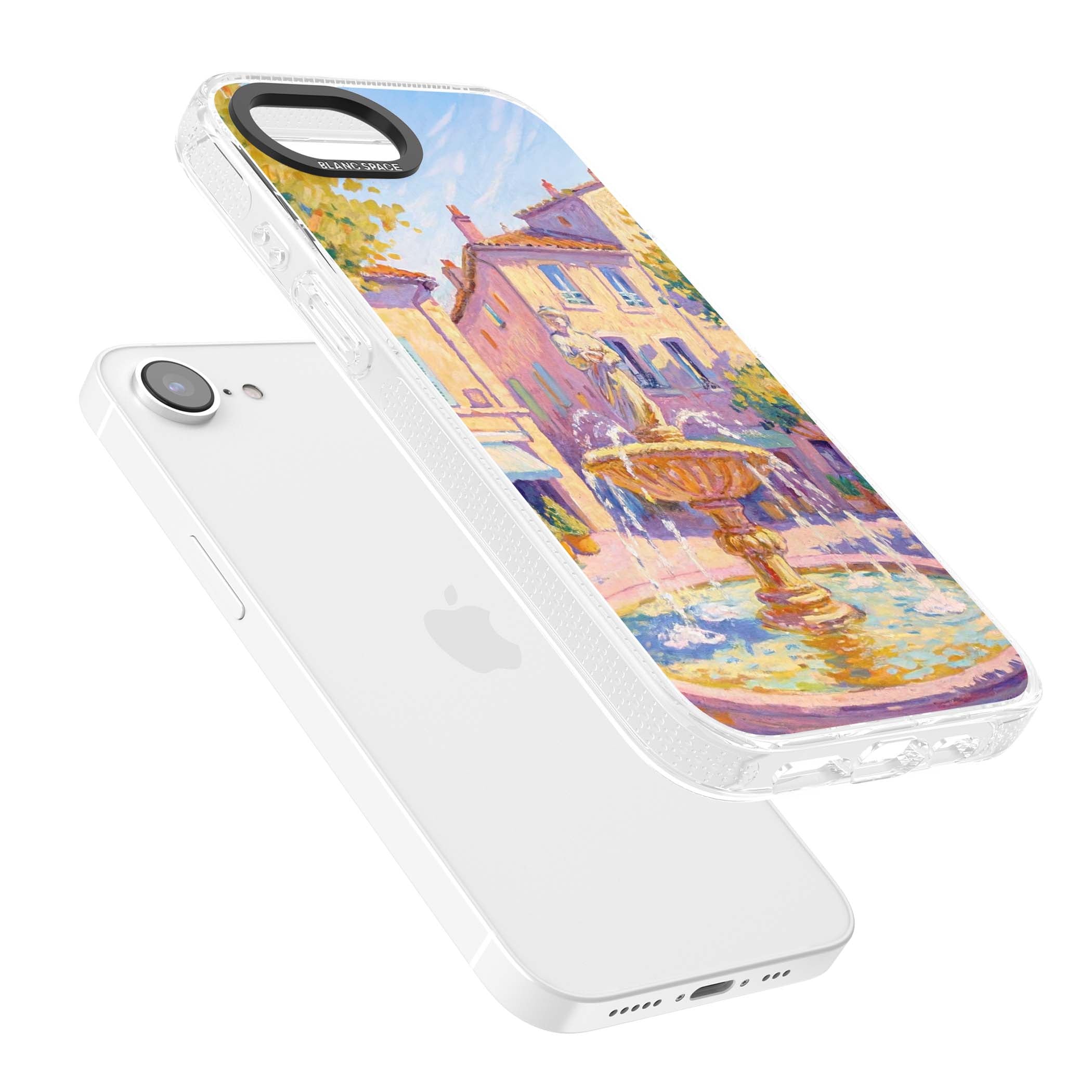 Fountain Square fine art iPhone case featuring an impressionist Provençal fountain, pastel village buildings and summe | Clear Case Impact Air case for iPhone 16e, iPhone 17e
