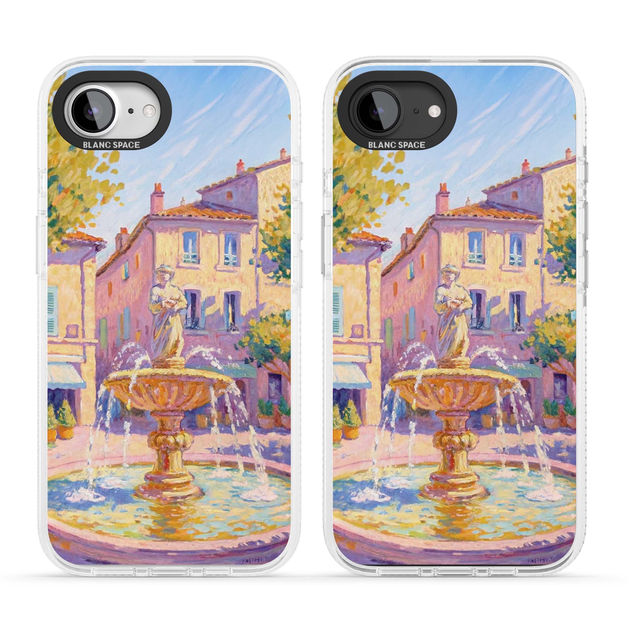 Fountain Square fine art iPhone case featuring an impressionist Provençal fountain, pastel village buildings and summe | Clear Case Impact Air case for iPhone 16e, iPhone 17e