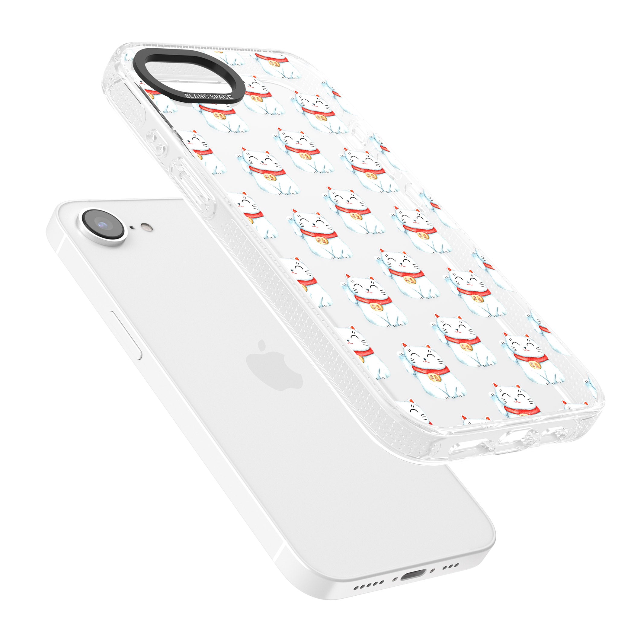 Lucky Cat Maneki-Neko Japanese Pattern iPhone 16e Clear Case Impact Air - Blanc Space