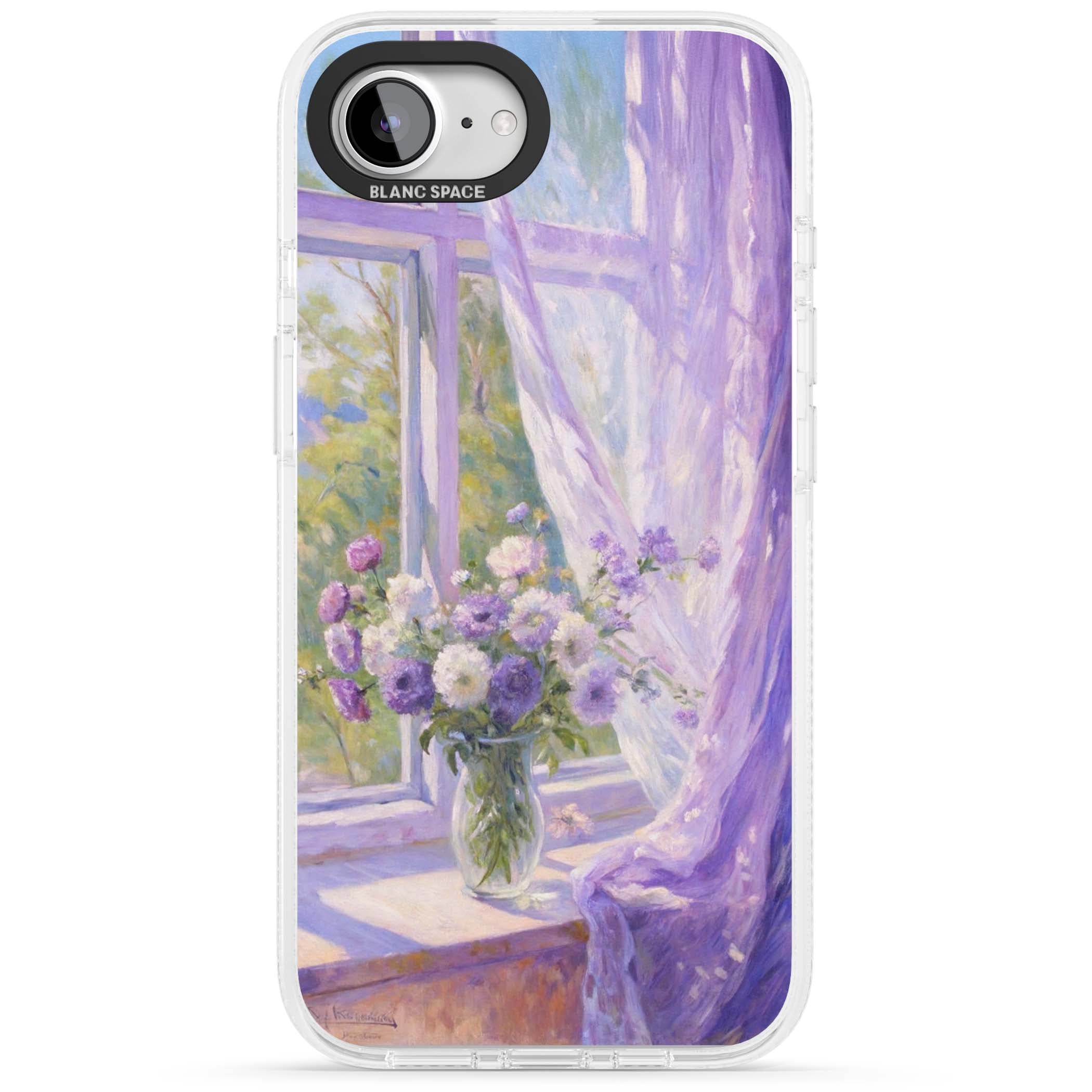 A Provence Morning impressionist art iPhone case featuring a vase of purple flowers, sunlit window and sheer curt | Clear Case Impact Air case for iPhone 16e, iPhone 17e