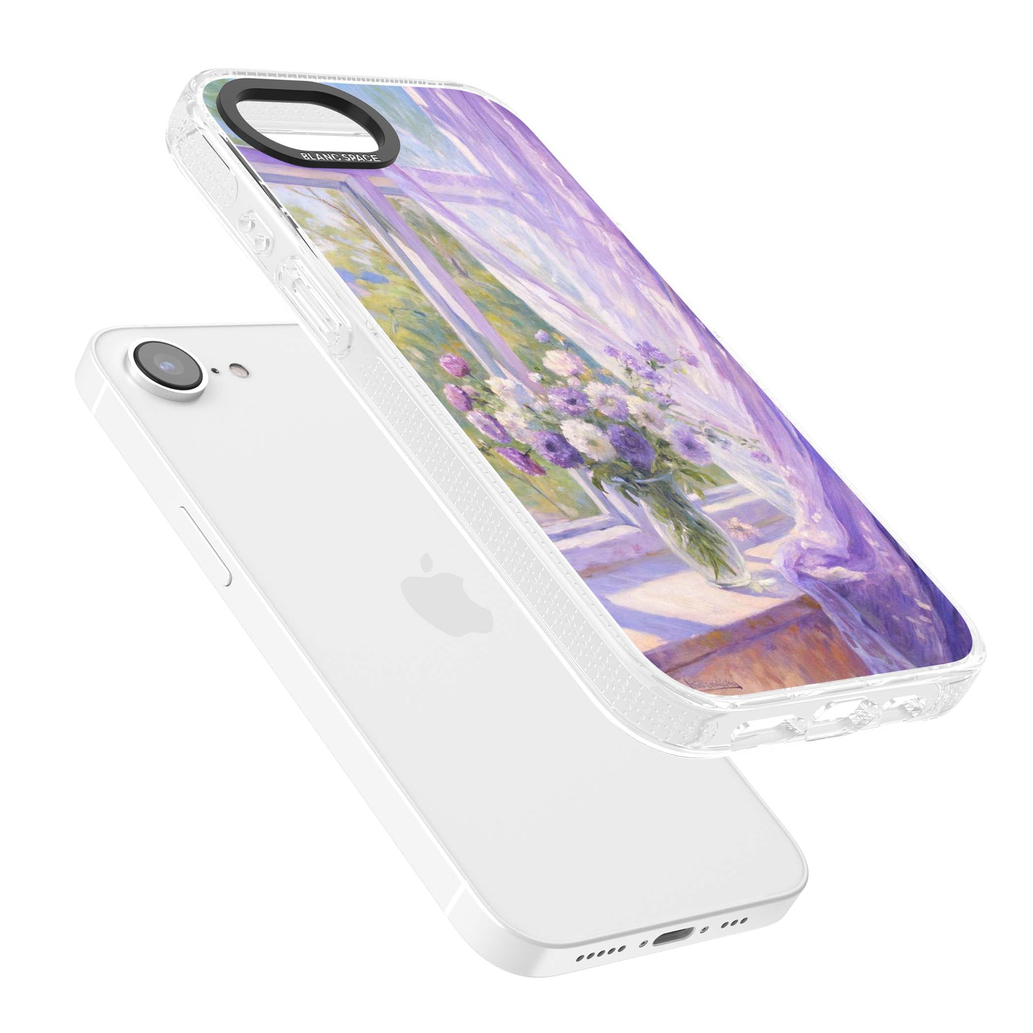 A Provence Morning impressionist art iPhone case featuring a vase of purple flowers, sunlit window and sheer curt | Clear Case Impact Air case for iPhone 16e, iPhone 17e