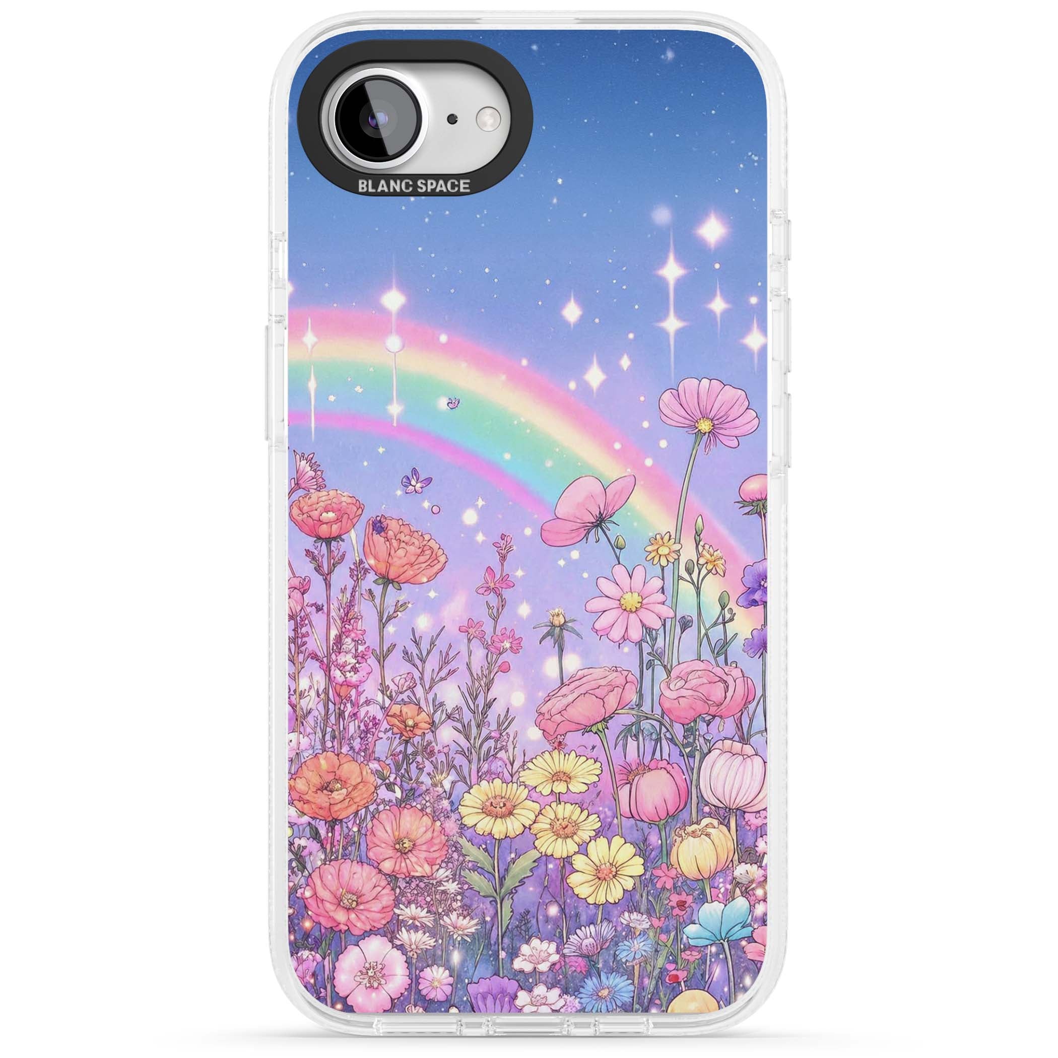 Magical Meadow fairycore iPhone case featuring a pastel rainbow, sparkling stars and a wildflower meadow | Clear Case Impact Air case for iPhone 16e, iPhone 17e