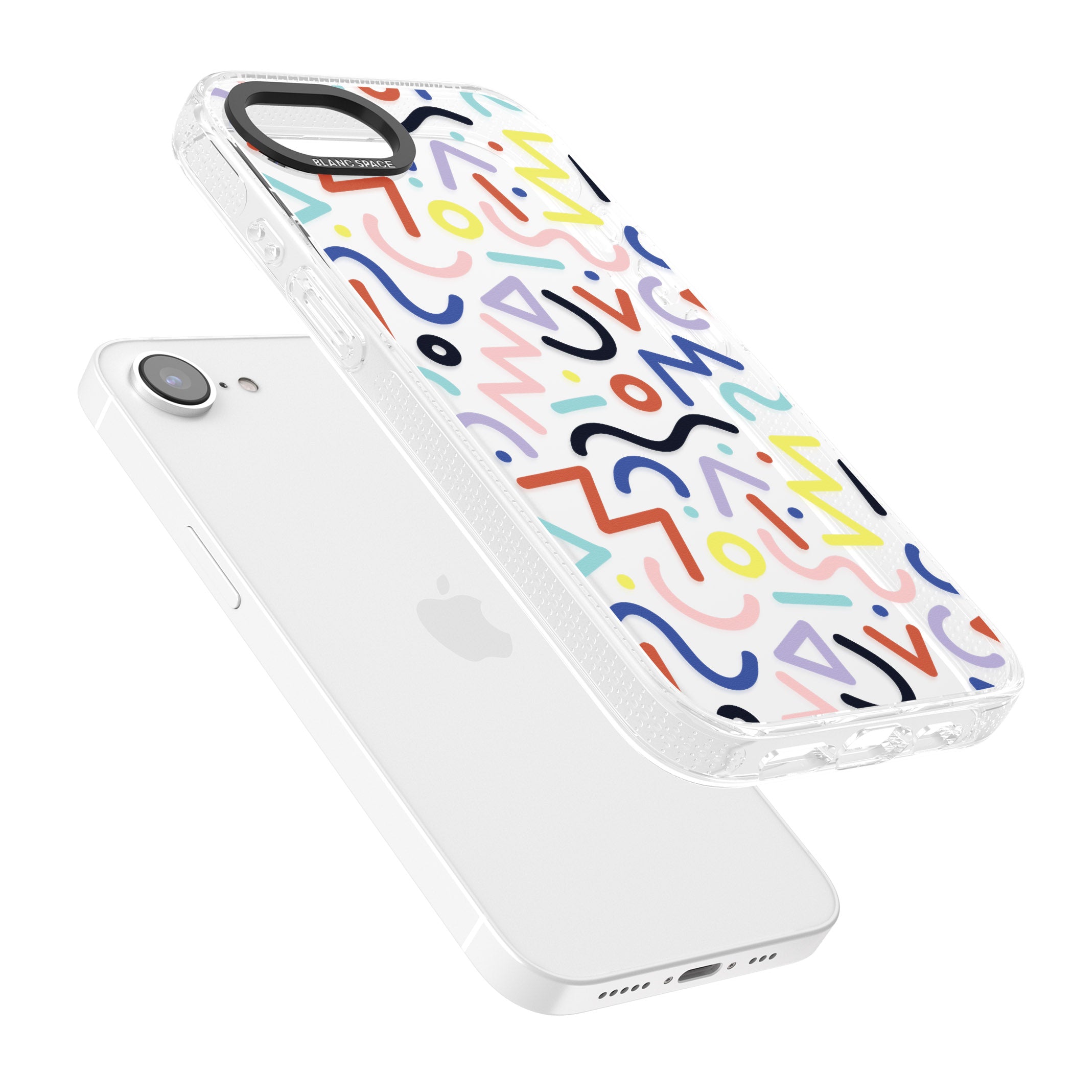 Colourful Squiggles Memphis Retro Pattern Design iPhone 16e Clear Case Impact Air - Blanc Space