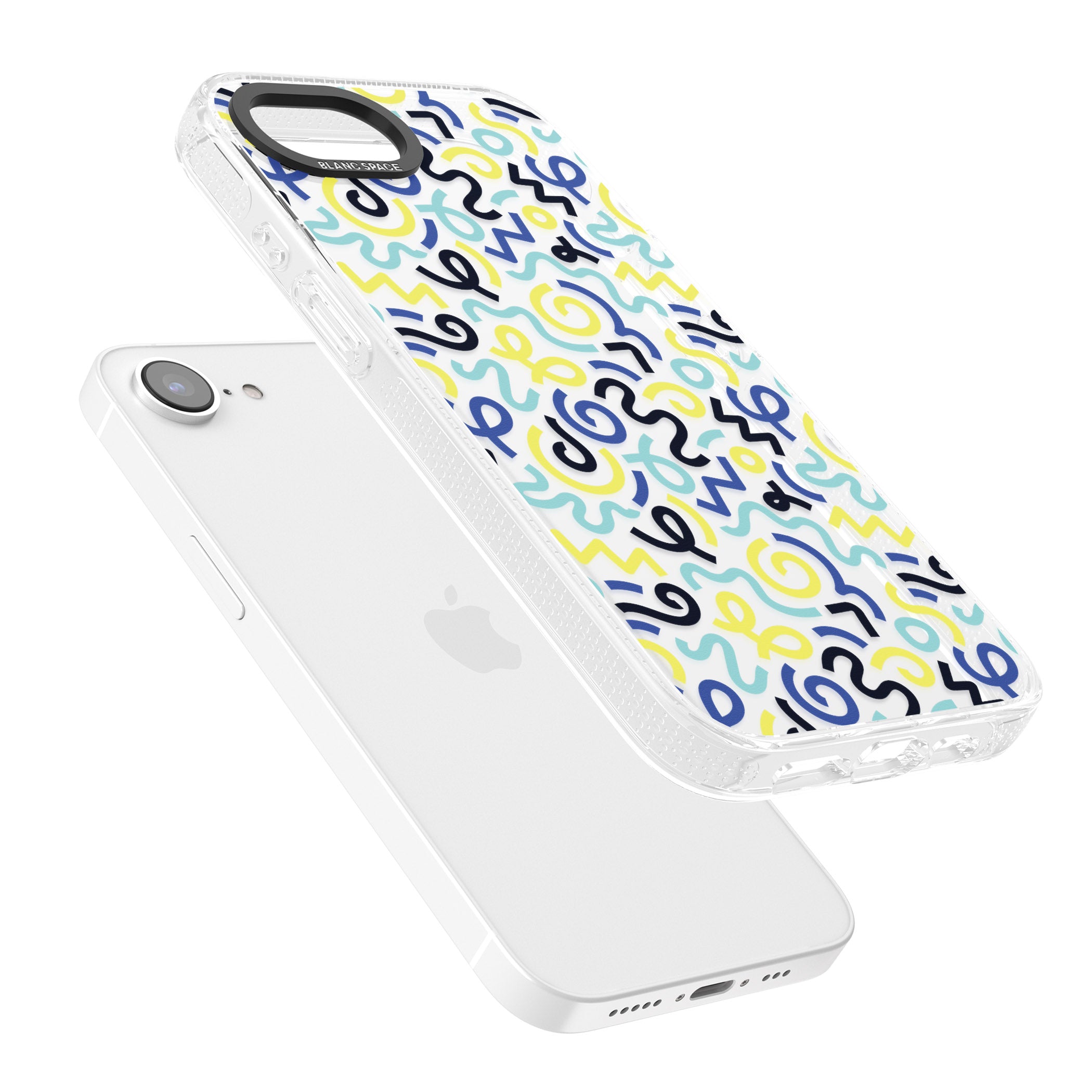 Blue & Yellow Shapes Memphis Retro Pattern Design iPhone 16e Clear Case Impact Air - Blanc Space