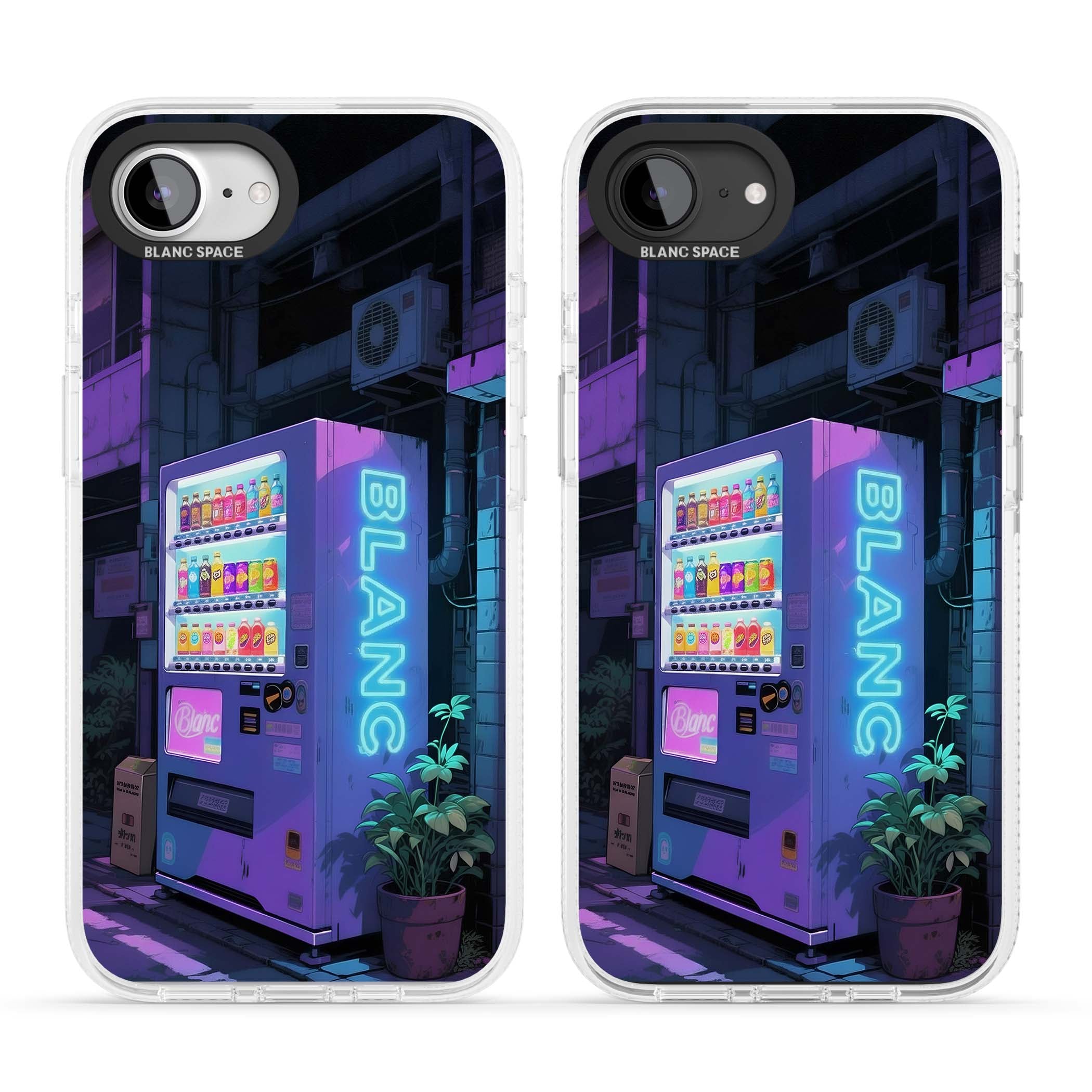 Shibuya Glow Japanese iPhone case featuring a glowing Tokyo vending machine, neon signage, and moody purple alleyway | Clear Case Impact Air case for iPhone 16e, iPhone 17e