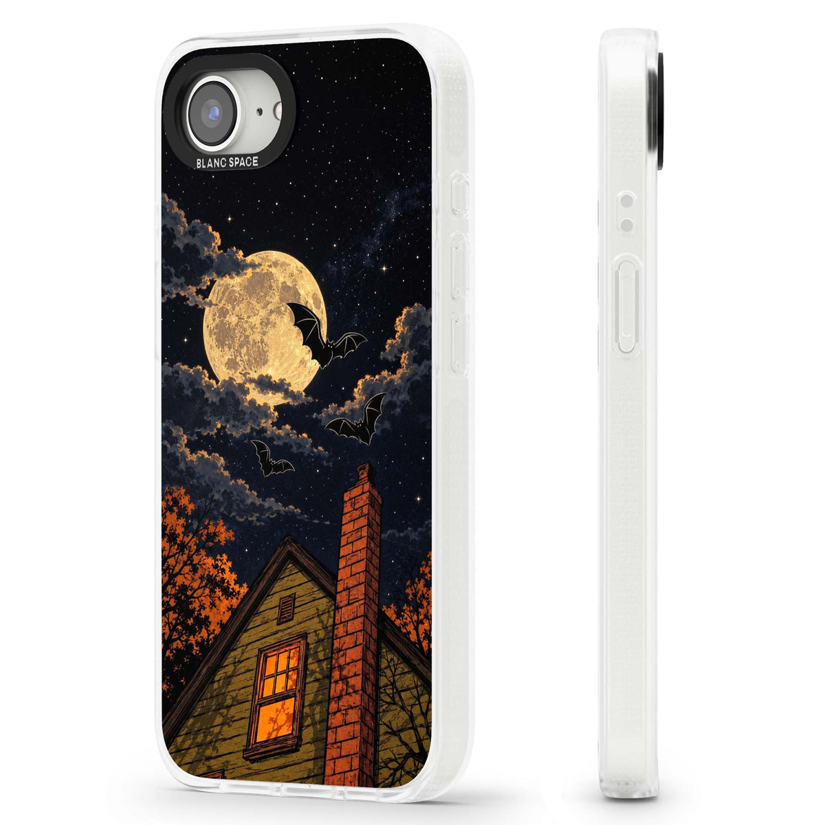 Hollows Eve Halloween iPhone case featuring a haunted house, full moon and flying bats against a starry autumn sky | Clear Case Impact Air case for iPhone 16e, iPhone 17e