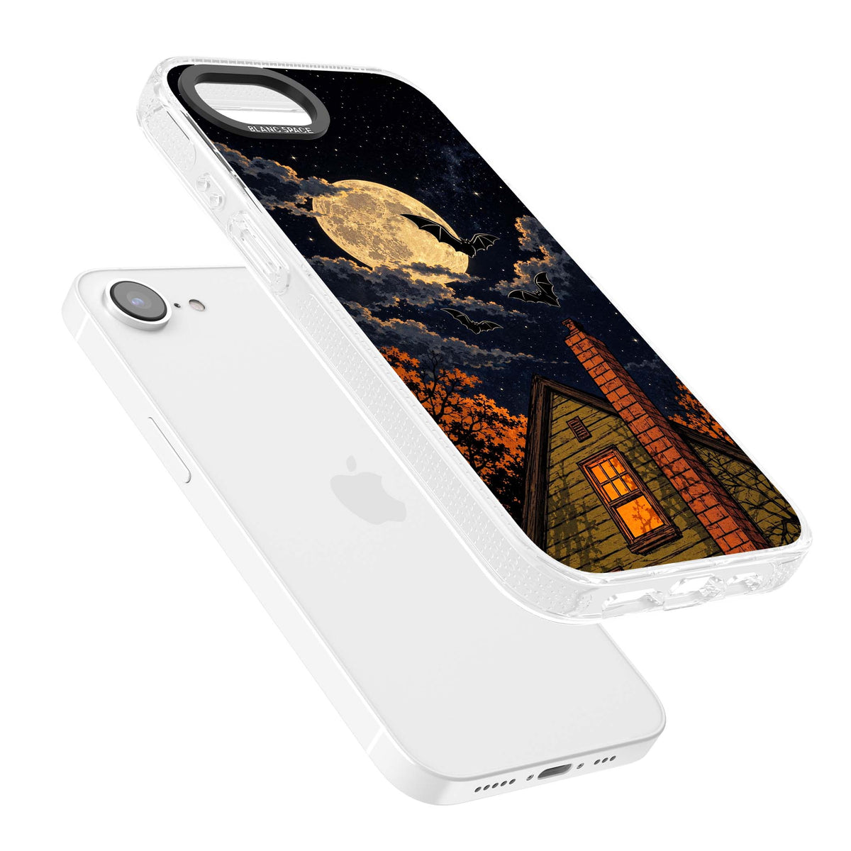 Hollows Eve Halloween iPhone case featuring a haunted house, full moon and flying bats against a starry autumn sky | Clear Case Impact Air case for iPhone 16e, iPhone 17e
