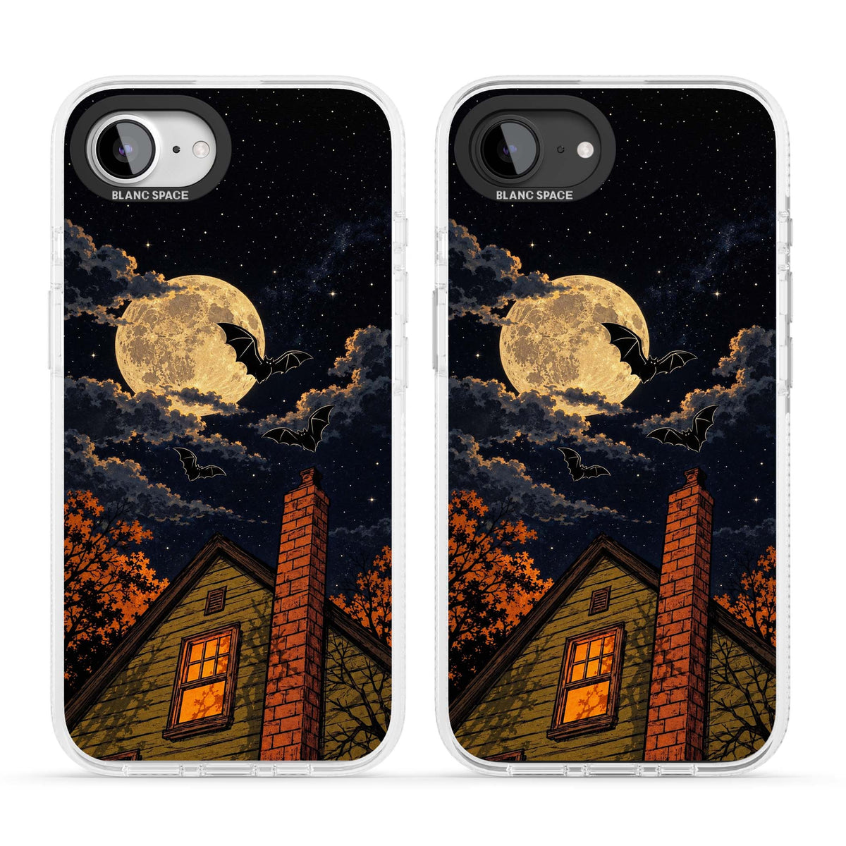 Hollows Eve Halloween iPhone case featuring a haunted house, full moon and flying bats against a starry autumn sky | Clear Case Impact Air case for iPhone 16e, iPhone 17e