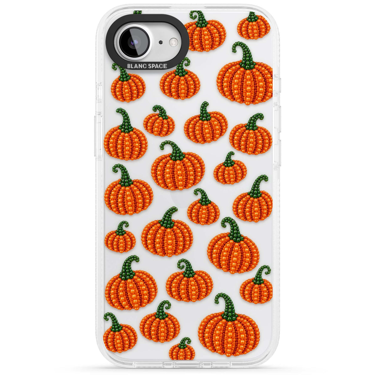 Beaded Pumpkins halloween iPhone case featuring beaded orange pumpkins with green stems on a clear background | Clear Case Impact Air case for iPhone 16e, iPhone 17e
