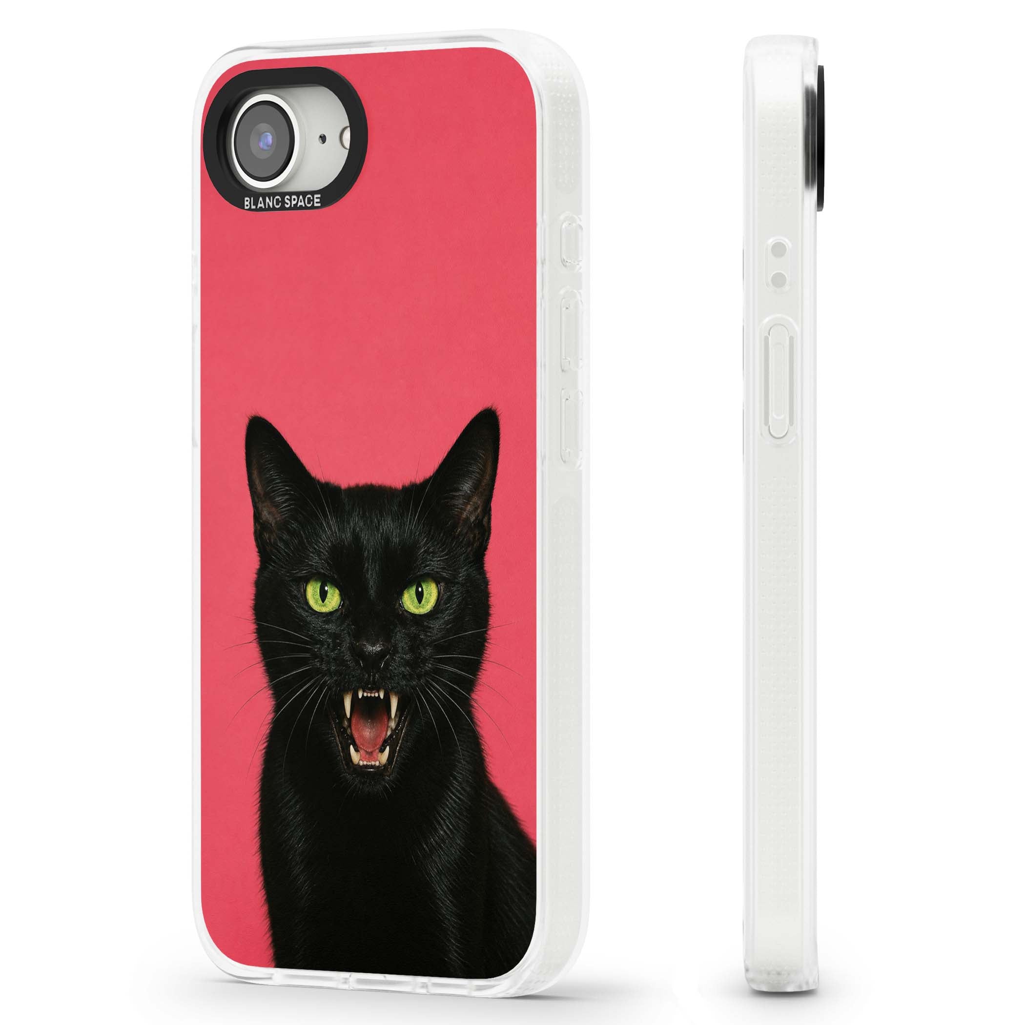 Hissin' Baddie black cat iPhone case featuring a hissing feline with green eyes on a hot pink background | Clear Case Impact Air case for iPhone 16e, iPhone 17e