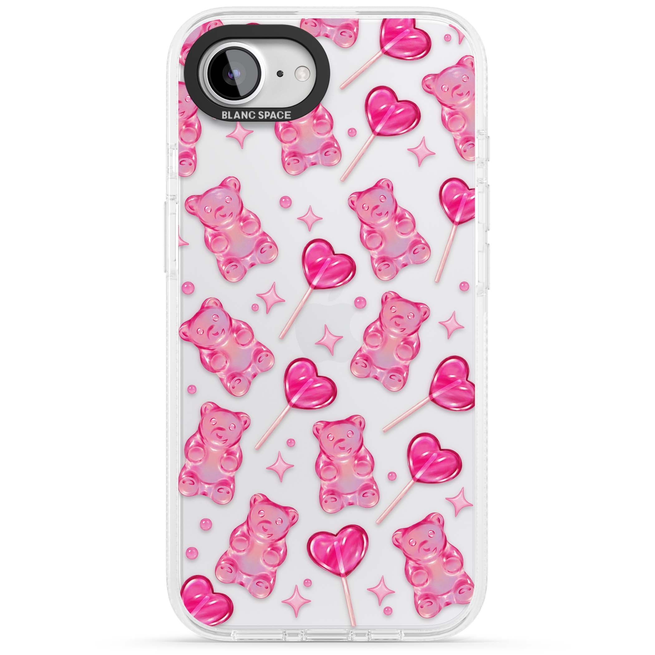 Pink Sugar pinkcore iPhone case featuring pink gummy bears, heart-shaped lollipops and sparkle stars | Clear Case Impact Air case for iPhone 16e, iPhone 17e