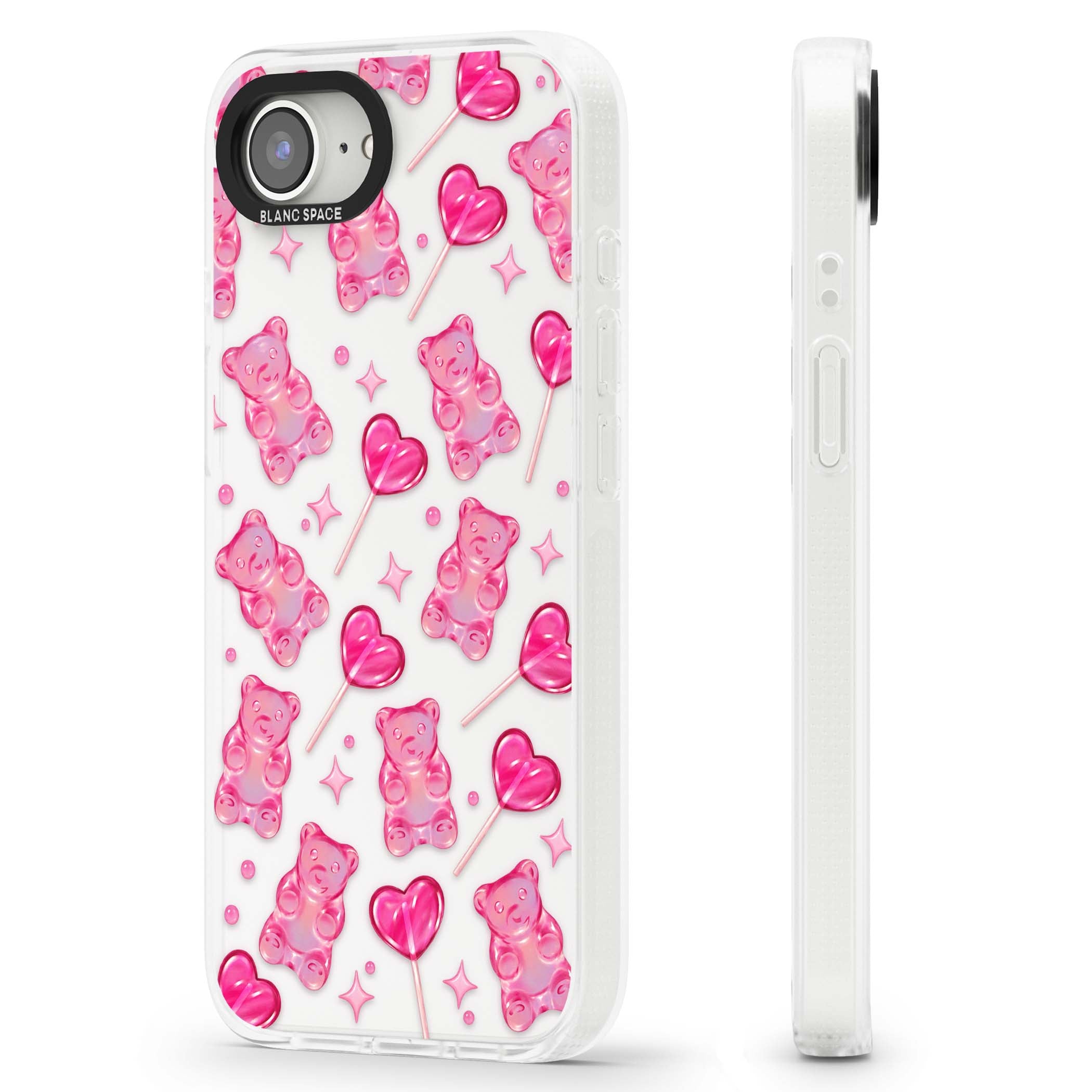 Pink Sugar pinkcore iPhone case featuring pink gummy bears, heart-shaped lollipops and sparkle stars | Clear Case Impact Air case for iPhone 16e, iPhone 17e