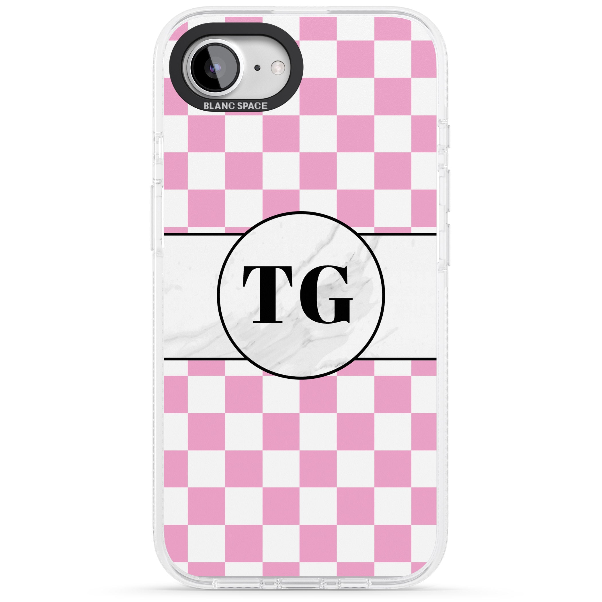 Personalised Monogrammed Pink Check iPhone 16e Clear Case Impact Air - Blanc Space